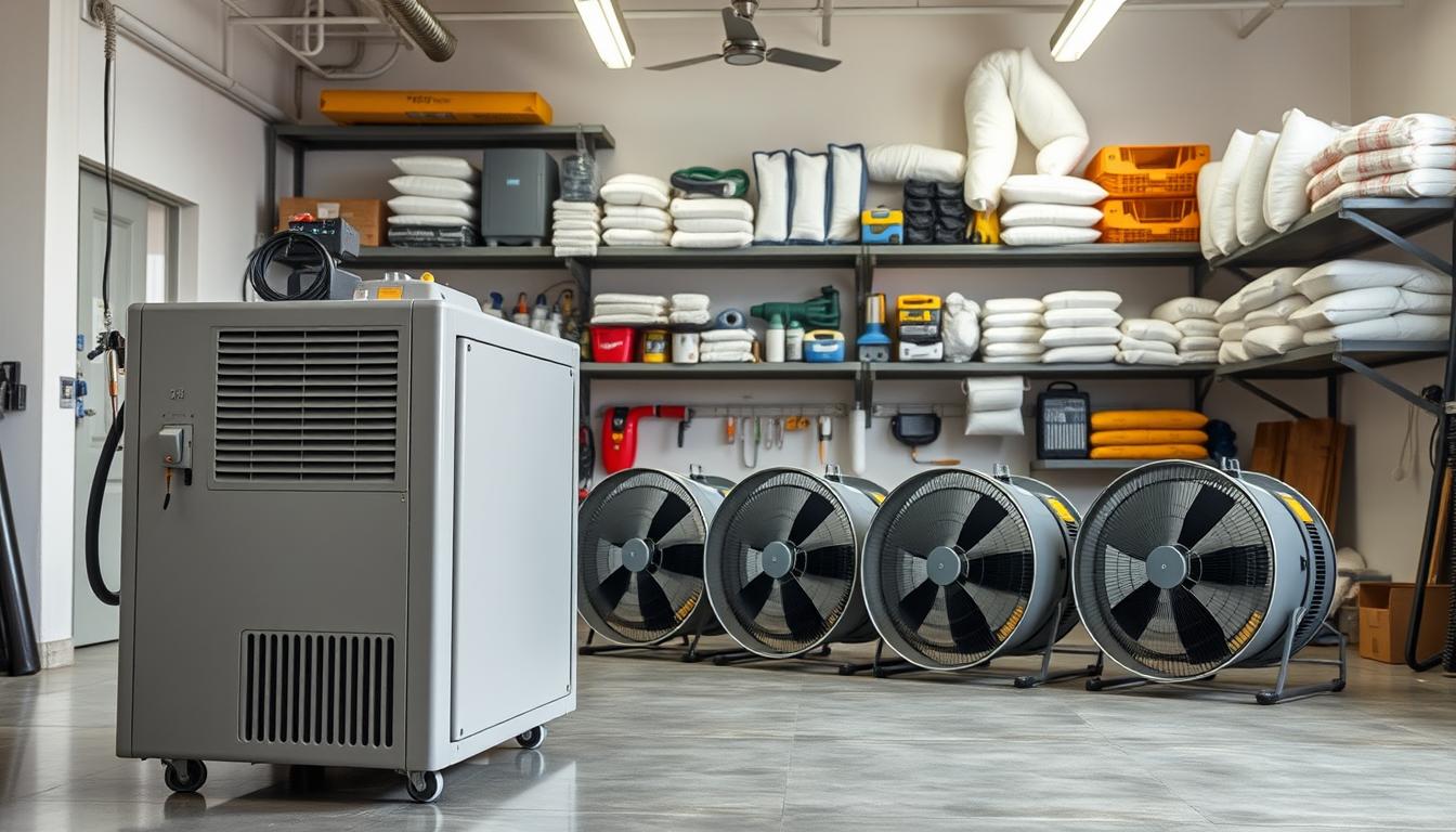 A well-lit, spacious workshop interior featuring an efficient drying equipment setup. The foreground showcases a sturdy industrial dehumidifier, its sleek design and powerful airflow capturing attention. In the middle ground, a series of high-velocity fans are strategically positioned, creating a focused air circulation pattern to accelerate water evaporation. The background reveals wall-mounted shelving stocked with an array of drying accessories, including moisture meters, air movers, and desiccant bags, all neatly organized for easy access. The overall scene conveys a sense of professionalism and optimization, highlighting the tools and techniques required for effective water damage restoration. A well-lit, spacious workshop interior featuring an efficient drying equipment setup. The foreground showcases a sturdy industrial dehumidifier, its sleek design and powerful airflow capturing attention. In the middle ground, a series of high-velocity fans are strategically positioned, creating a focused air circulation pattern to accelerate water evaporation. The background reveals wall-mounted shelving stocked with an array of drying accessories, including moisture meters, air movers, and desiccant bags, all neatly organized for easy access. The overall scene conveys a sense of professionalism and optimization, highlighting the tools and techniques required for effective water damage restoration.