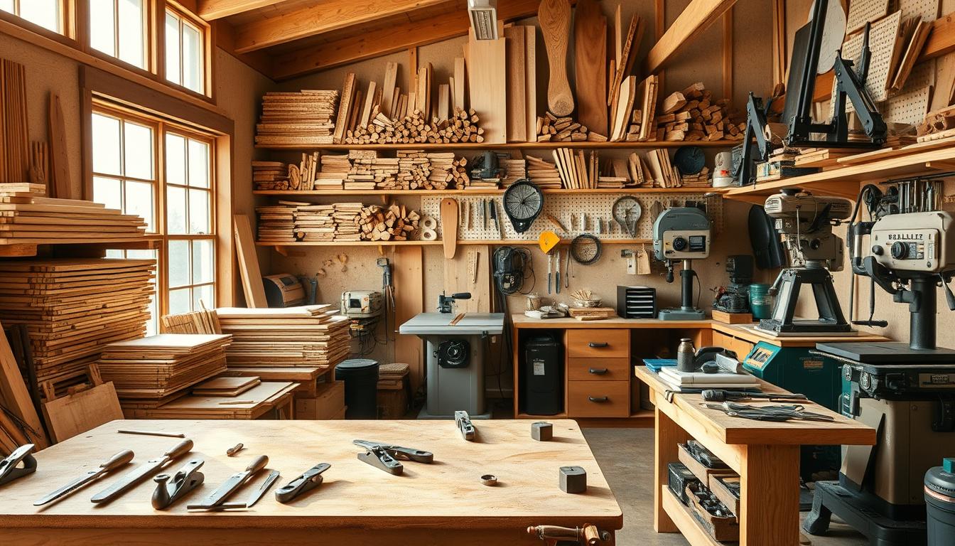 A cozy woodworking workshop with an abundance of natural light streaming through large windows, casting a warm glow over the space. In the foreground, a sturdy workbench adorned with an array of well-organized hand tools, including chisels, saws, and planes. Behind it, shelves stocked with an impressive collection of wood boards, each a unique grain pattern waiting to be transformed. In the middle ground, a variety of power tools, such as a table saw, a band saw, and a drill press, positioned for easy access. The background features a mix of storage solutions, from pegboards displaying intricate jigs to cabinets housing a treasure trove of woodworking supplies. The overall atmosphere exudes a sense of creativity, productivity, and the joy of crafting. A cozy woodworking workshop with an abundance of natural light streaming through large windows, casting a warm glow over the space. In the foreground, a sturdy workbench adorned with an array of well-organized hand tools, including chisels, saws, and planes. Behind it, shelves stocked with an impressive collection of wood boards, each a unique grain pattern waiting to be transformed. In the middle ground, a variety of power tools, such as a table saw, a band saw, and a drill press, positioned for easy access. The background features a mix of storage solutions, from pegboards displaying intricate jigs to cabinets housing a treasure trove of woodworking supplies. The overall atmosphere exudes a sense of creativity, productivity, and the joy of crafting.