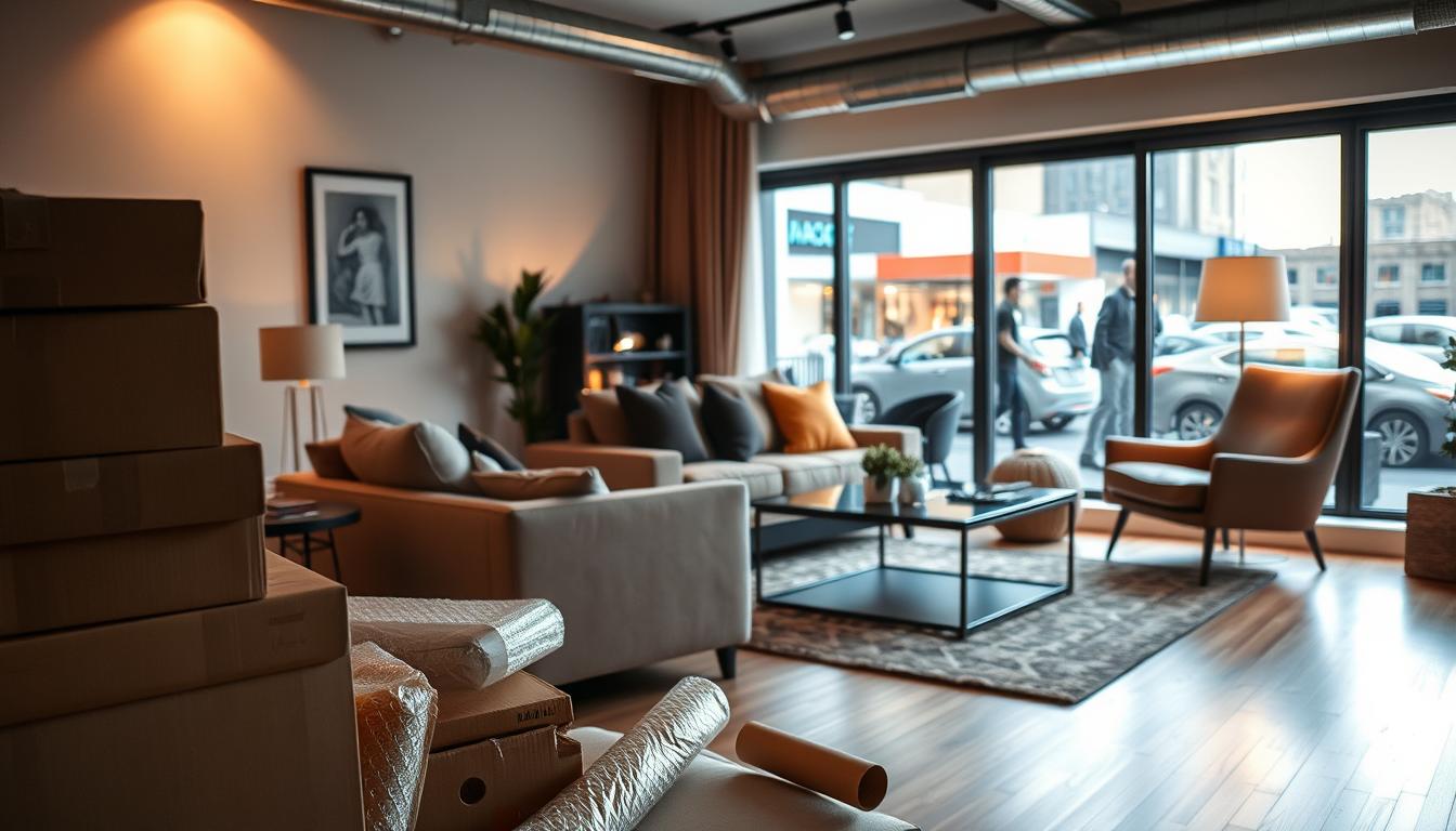 A cozy living room, filled with a mix of modern and vintage furnishings. In the foreground, a stack of cardboard boxes and bubble wrap, hinting at the moving process. The middle ground showcases an elegant couch, a plush armchair, and a sleek coffee table, all surrounded by warm, ambient lighting. In the background, a large window offers a glimpse of a bustling city street, with the faint silhouettes of pedestrians and vehicles. The overall atmosphere conveys a sense of transition, as the new homeowners carefully balance the costs and efforts of moving and furnishing their space. A cozy living room, filled with a mix of modern and vintage furnishings. In the foreground, a stack of cardboard boxes and bubble wrap, hinting at the moving process. The middle ground showcases an elegant couch, a plush armchair, and a sleek coffee table, all surrounded by warm, ambient lighting. In the background, a large window offers a glimpse of a bustling city street, with the faint silhouettes of pedestrians and vehicles. The overall atmosphere conveys a sense of transition, as the new homeowners carefully balance the costs and efforts of moving and furnishing their space.