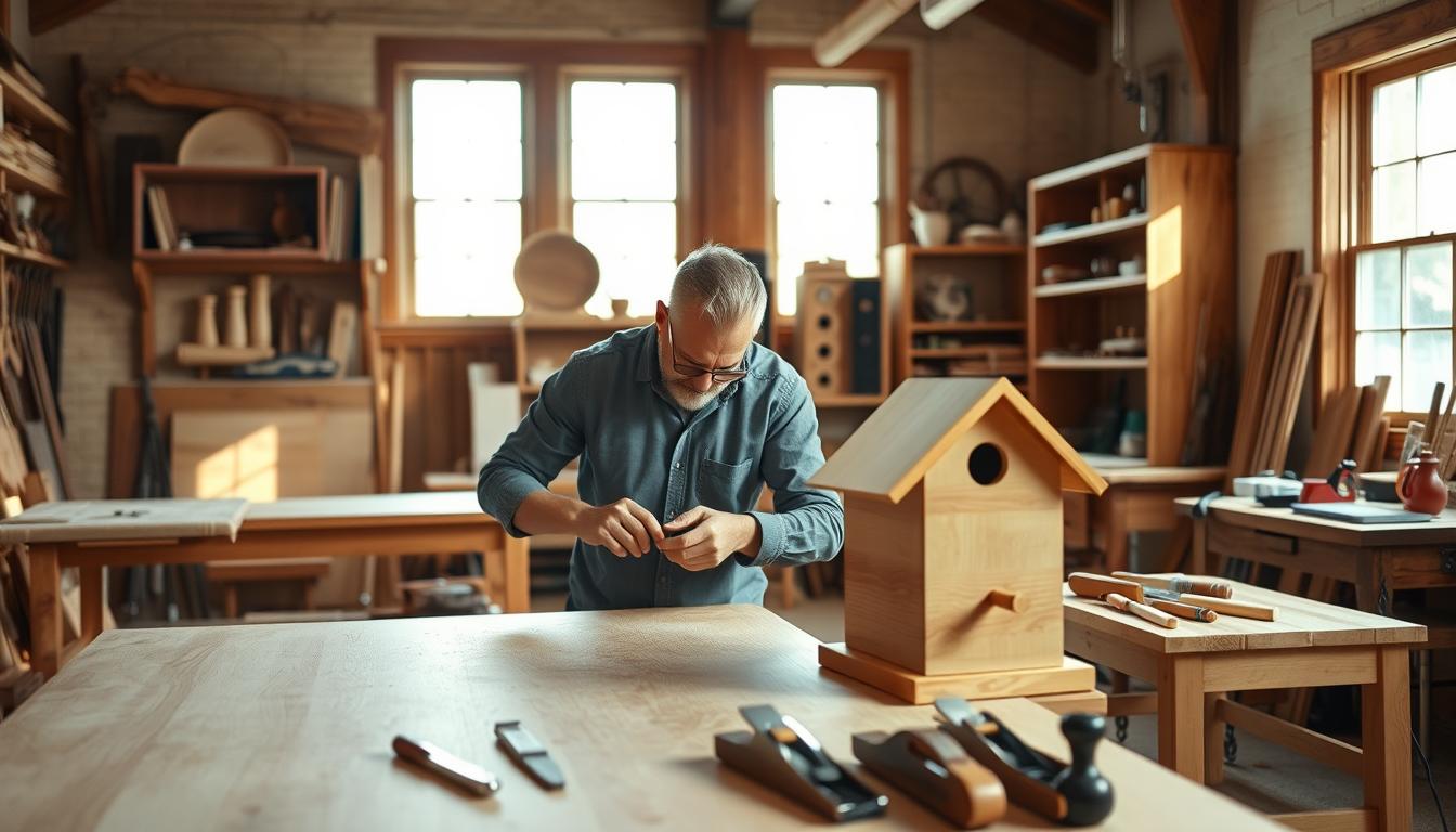 A well-lit workshop filled with an array of popular woodworking projects, including a handsome oak desk, a sleek walnut shelving unit, and a rustic pine farmhouse table. In the foreground, a skilled craftsperson meticulously sands a wooden birdhouse, their focused expression reflected in the gleaming surface. The middle ground showcases a collection of tools - chisels, saws, and planes - neatly organized on a workbench. The background features floor-to-ceiling windows, allowing natural light to pour in and illuminate the space, casting soft shadows that accentuate the warm tones of the wood. An atmosphere of creativity, productivity, and the joy of working with one's hands pervades the scene. A well-lit workshop filled with an array of popular woodworking projects, including a handsome oak desk, a sleek walnut shelving unit, and a rustic pine farmhouse table. In the foreground, a skilled craftsperson meticulously sands a wooden birdhouse, their focused expression reflected in the gleaming surface. The middle ground showcases a collection of tools - chisels, saws, and planes - neatly organized on a workbench. The background features floor-to-ceiling windows, allowing natural light to pour in and illuminate the space, casting soft shadows that accentuate the warm tones of the wood. An atmosphere of creativity, productivity, and the joy of working with one's hands pervades the scene.