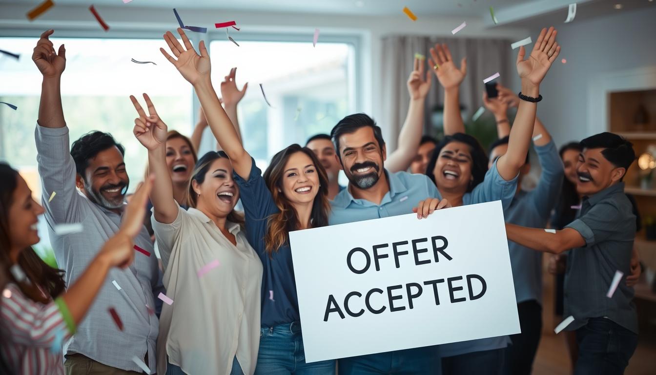 A group of people enthusiastically celebrating, raising their arms in triumph as they gather around a couple holding a "Offer Accepted" sign. The foreground is filled with bright smiles, confetti, and celebratory gestures, conveying a sense of unbridled joy and elation. The middle ground features a cozy, well-lit living room setting, with soft lighting and warm tones that create a comfortable, homely atmosphere. The background fades into a blurred, yet inviting, outdoor scene, hinting at the start of a new chapter in the couple's lives. The overall scene radiates a palpable feeling of excitement, achievement, and the pure euphoria of realizing the dream of owning a first home. A group of people enthusiastically celebrating, raising their arms in triumph as they gather around a couple holding a "Offer Accepted" sign. The foreground is filled with bright smiles, confetti, and celebratory gestures, conveying a sense of unbridled joy and elation. The middle ground features a cozy, well-lit living room setting, with soft lighting and warm tones that create a comfortable, homely atmosphere. The background fades into a blurred, yet inviting, outdoor scene, hinting at the start of a new chapter in the couple's lives. The overall scene radiates a palpable feeling of excitement, achievement, and the pure euphoria of realizing the dream of owning a first home.