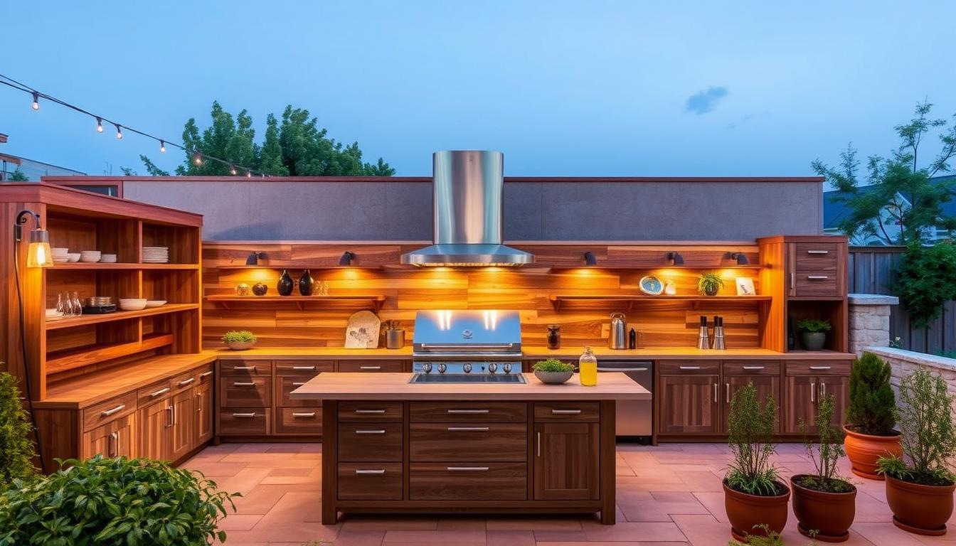 Outdoor kitchen storage: A well-designed, spacious open-air cooking space, with ample cabinetry and shelving units crafted from weather-resistant materials like stainless steel and weathered wood. The layout features a central island with built-in drawers and cupboards, complemented by a row of modular storage compartments along the back wall. Warm, diffused lighting from overhead fixtures casts a inviting glow, accentuating the natural textures and highlighting the streamlined silhouettes. Lush greenery and potted herbs frame the scene, creating a harmonious blend of function and ambiance that enhances the overall outdoor living experience. Outdoor kitchen storage: A well-designed, spacious open-air cooking space, with ample cabinetry and shelving units crafted from weather-resistant materials like stainless steel and weathered wood. The layout features a central island with built-in drawers and cupboards, complemented by a row of modular storage compartments along the back wall. Warm, diffused lighting from overhead fixtures casts a inviting glow, accentuating the natural textures and highlighting the streamlined silhouettes. Lush greenery and potted herbs frame the scene, creating a harmonious blend of function and ambiance that enhances the overall outdoor living experience.