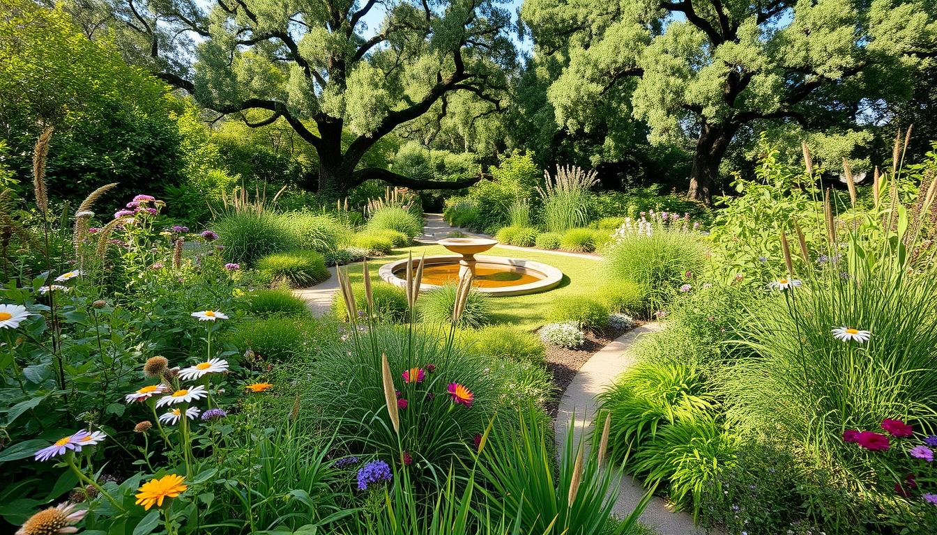 A lush, thriving yard ecosystem in natural light. In the foreground, diverse native plants, flowers, and grasses provide food and shelter for pollinators and other wildlife. In the middle ground, a small pond or birdbath reflects the sky, surrounded by meandering pathways. In the background, mature trees cast dappled shadows, their canopies sheltering a variety of birds, insects, and small mammals. The scene exudes a sense of balance, harmony, and sustainable coexistence between human-curated elements and the natural world. Captured with a wide-angle lens to showcase the depth and interconnectedness of this vibrant outdoor oasis. A lush, thriving yard ecosystem in natural light. In the foreground, diverse native plants, flowers, and grasses provide food and shelter for pollinators and other wildlife. In the middle ground, a small pond or birdbath reflects the sky, surrounded by meandering pathways. In the background, mature trees cast dappled shadows, their canopies sheltering a variety of birds, insects, and small mammals. The scene exudes a sense of balance, harmony, and sustainable coexistence between human-curated elements and the natural world. Captured with a wide-angle lens to showcase the depth and interconnectedness of this vibrant outdoor oasis.