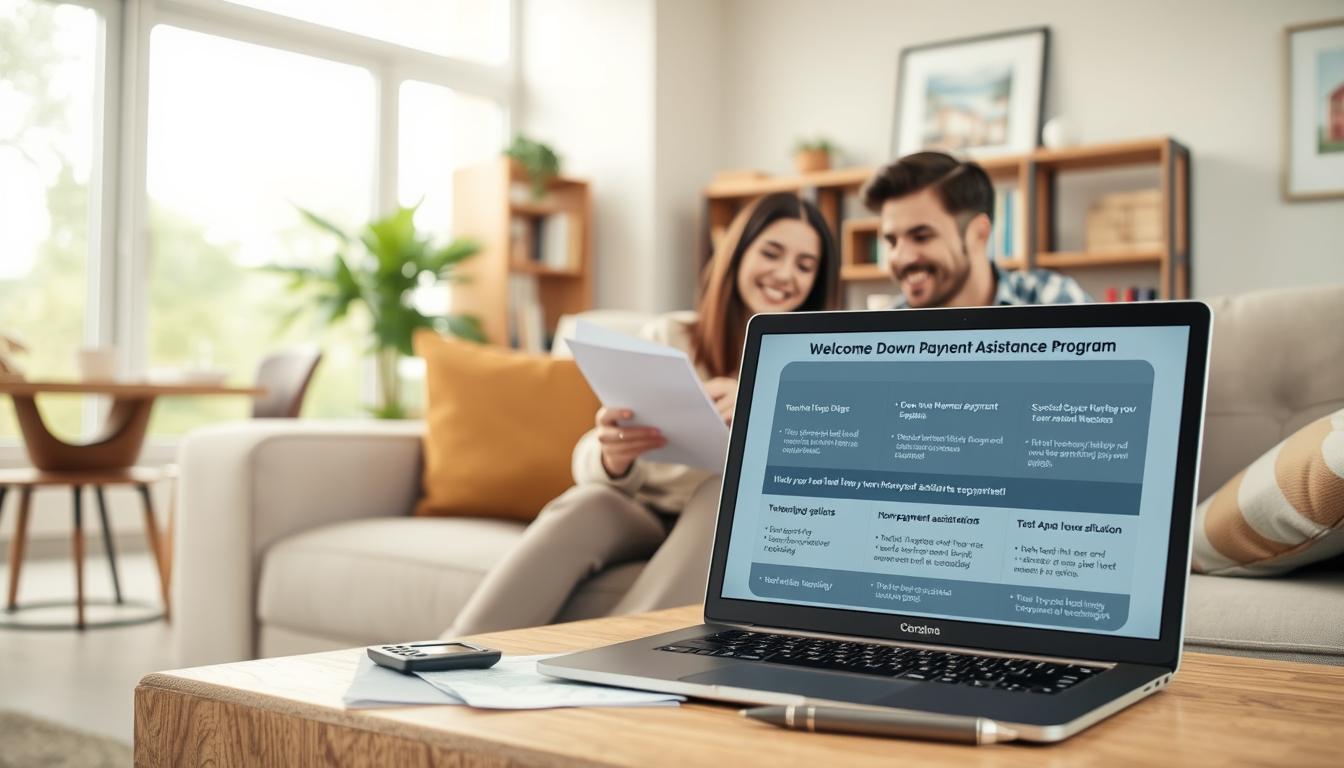 A modern living room with large windows, soft lighting, and a cozy atmosphere. In the foreground, a young couple sits on a plush sofa, discussing financial documents and smiling, indicating their enthusiasm for a down payment assistance program. The middle ground features a laptop displaying information about various homebuyer assistance options, with a calculator and pen nearby. The background showcases a bookshelf and artwork, creating a welcoming and inviting space. The overall scene conveys a sense of optimism and financial empowerment for first-time homebuyers. A modern living room with large windows, soft lighting, and a cozy atmosphere. In the foreground, a young couple sits on a plush sofa, discussing financial documents and smiling, indicating their enthusiasm for a down payment assistance program. The middle ground features a laptop displaying information about various homebuyer assistance options, with a calculator and pen nearby. The background showcases a bookshelf and artwork, creating a welcoming and inviting space. The overall scene conveys a sense of optimism and financial empowerment for first-time homebuyers.