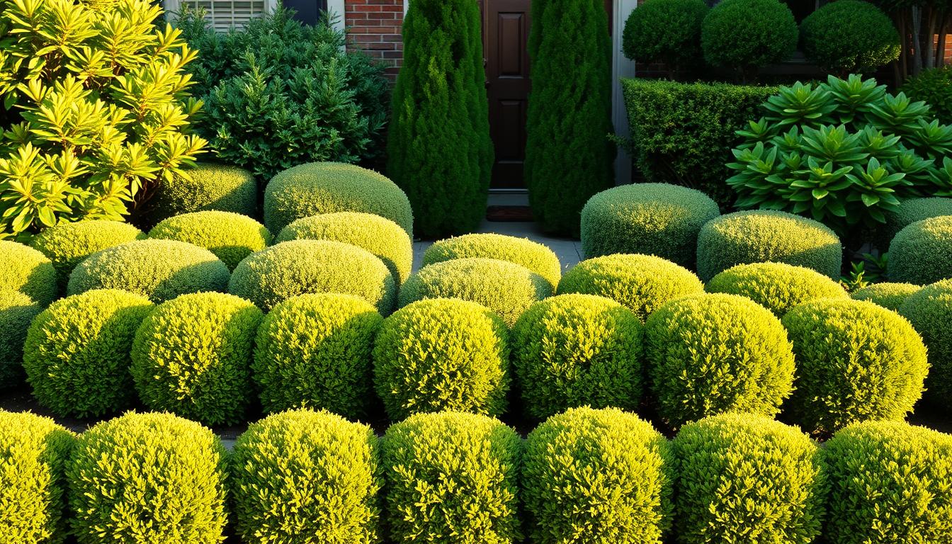 A lush and inviting front yard landscape featuring a variety of evergreen shrubs that add year-round curb appeal. In the foreground, a row of neatly trimmed boxwood bushes line the curb, their dense, glossy foliage creating a polished, manicured look. Behind them, a mix of compact, mounded evergreen shrubs such as dwarf Alberta spruces and Japanese hollies add texture and depth, their varying shades of green complementing each other. In the middle ground, a pair of stately, pyramidal arborvitae flank the entryway, framing the front door and guiding visitors towards the home. The entire scene is bathed in warm, golden afternoon light, casting gentle shadows and highlighting the rich, vibrant colors of the plants. A lush and inviting front yard landscape featuring a variety of evergreen shrubs that add year-round curb appeal. In the foreground, a row of neatly trimmed boxwood bushes line the curb, their dense, glossy foliage creating a polished, manicured look. Behind them, a mix of compact, mounded evergreen shrubs such as dwarf Alberta spruces and Japanese hollies add texture and depth, their varying shades of green complementing each other. In the middle ground, a pair of stately, pyramidal arborvitae flank the entryway, framing the front door and guiding visitors towards the home. The entire scene is bathed in warm, golden afternoon light, casting gentle shadows and highlighting the rich, vibrant colors of the plants.