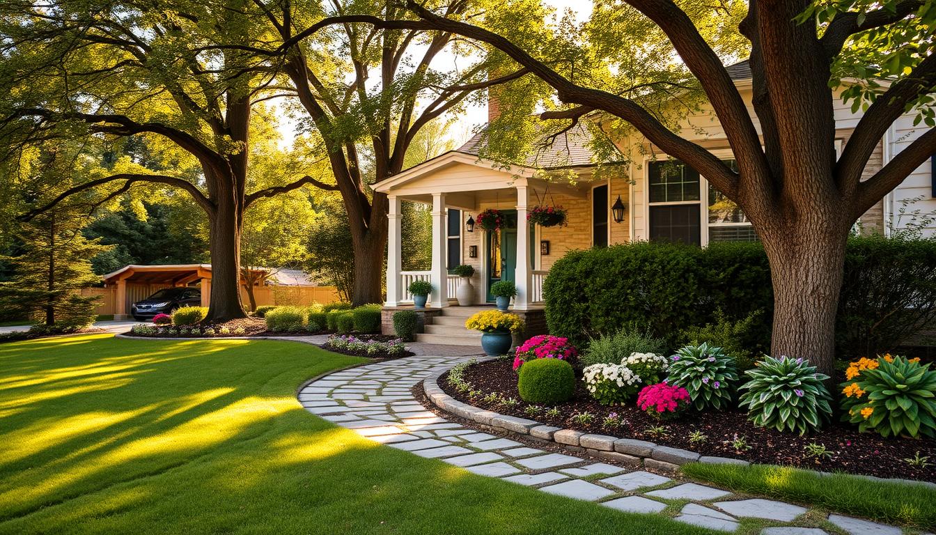 A beautifully landscaped front yard with a well-manicured lawn, lush flower beds, and neatly trimmed shrubs. A stone path leads to the welcoming front porch, where potted plants and hanging baskets add a touch of color. Tall, mature trees provide dappled shade, and a low stone wall borders the property, giving it a charming, well-cared-for appearance. The scene is bathed in warm, golden afternoon light, creating a cozy, inviting atmosphere that enhances the home's curb appeal and invites prospective buyers to imagine themselves living there.