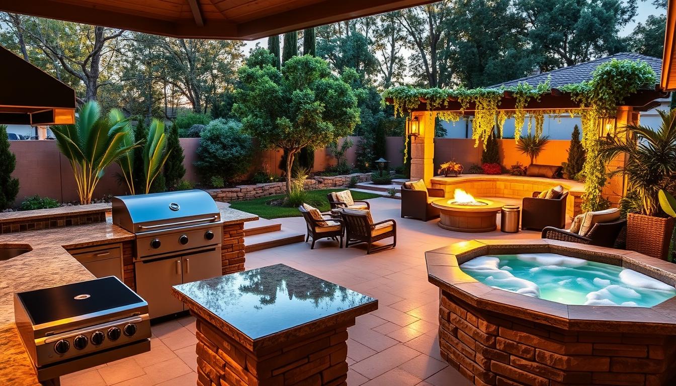 A vibrant backyard oasis bursting with high-impact upgrades. In the foreground, a sleek, modern outdoor kitchen with a built-in grill, stone countertops, and a stainless steel island. Nearby, a luxurious hot tub nestled among lush greenery, its warm, bubbling waters inviting relaxation. In the middle ground, a cozy seating area with plush, weather-resistant furniture and a natural stone firepit, casting a warm glow. In the background, a stunning pergola draped with cascading vines, creating a serene, inviting ambiance. The scene is bathed in golden hour lighting, accentuating the rich textures and colors of the various elements. The overall atmosphere conveys a high-end, resort-like backyard oasis that delivers maximum return on investment. A vibrant backyard oasis bursting with high-impact upgrades. In the foreground, a sleek, modern outdoor kitchen with a built-in grill, stone countertops, and a stainless steel island. Nearby, a luxurious hot tub nestled among lush greenery, its warm, bubbling waters inviting relaxation. In the middle ground, a cozy seating area with plush, weather-resistant furniture and a natural stone firepit, casting a warm glow. In the background, a stunning pergola draped with cascading vines, creating a serene, inviting ambiance. The scene is bathed in golden hour lighting, accentuating the rich textures and colors of the various elements. The overall atmosphere conveys a high-end, resort-like backyard oasis that delivers maximum return on investment.
