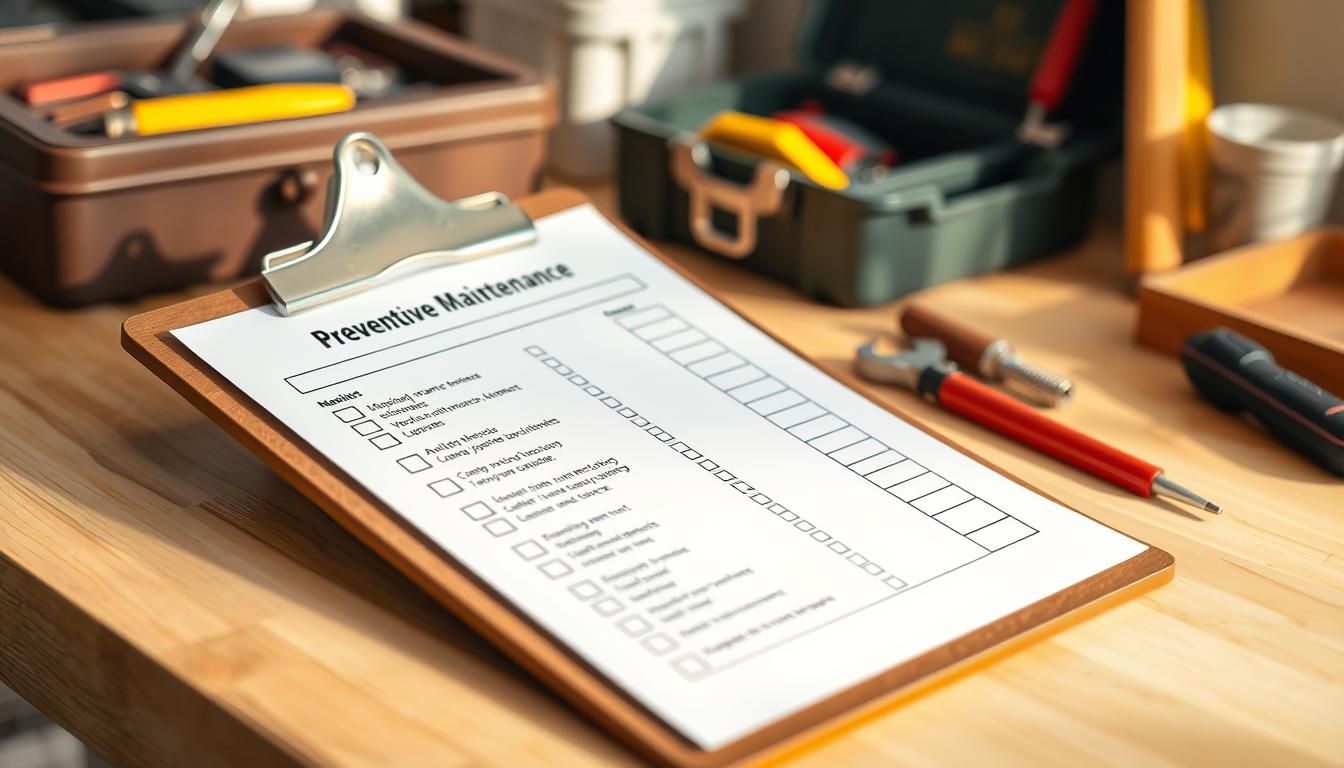 A neatly organized preventive maintenance checklist, displayed on a clipboard. The checklist features a clear and structured layout, with various maintenance tasks and checkboxes. The clipboard is placed on a clean, wooden workbench, with various tools and supplies in the background, such as a toolbox, a wrench, and a screwdriver. Warm, natural lighting illuminates the scene, creating a sense of order and professionalism. The overall atmosphere conveys a proactive and organized approach to home maintenance, emphasizing the importance of regular preventive care to avoid future expenses. A neatly organized preventive maintenance checklist, displayed on a clipboard. The checklist features a clear and structured layout, with various maintenance tasks and checkboxes. The clipboard is placed on a clean, wooden workbench, with various tools and supplies in the background, such as a toolbox, a wrench, and a screwdriver. Warm, natural lighting illuminates the scene, creating a sense of order and professionalism. The overall atmosphere conveys a proactive and organized approach to home maintenance, emphasizing the importance of regular preventive care to avoid future expenses.