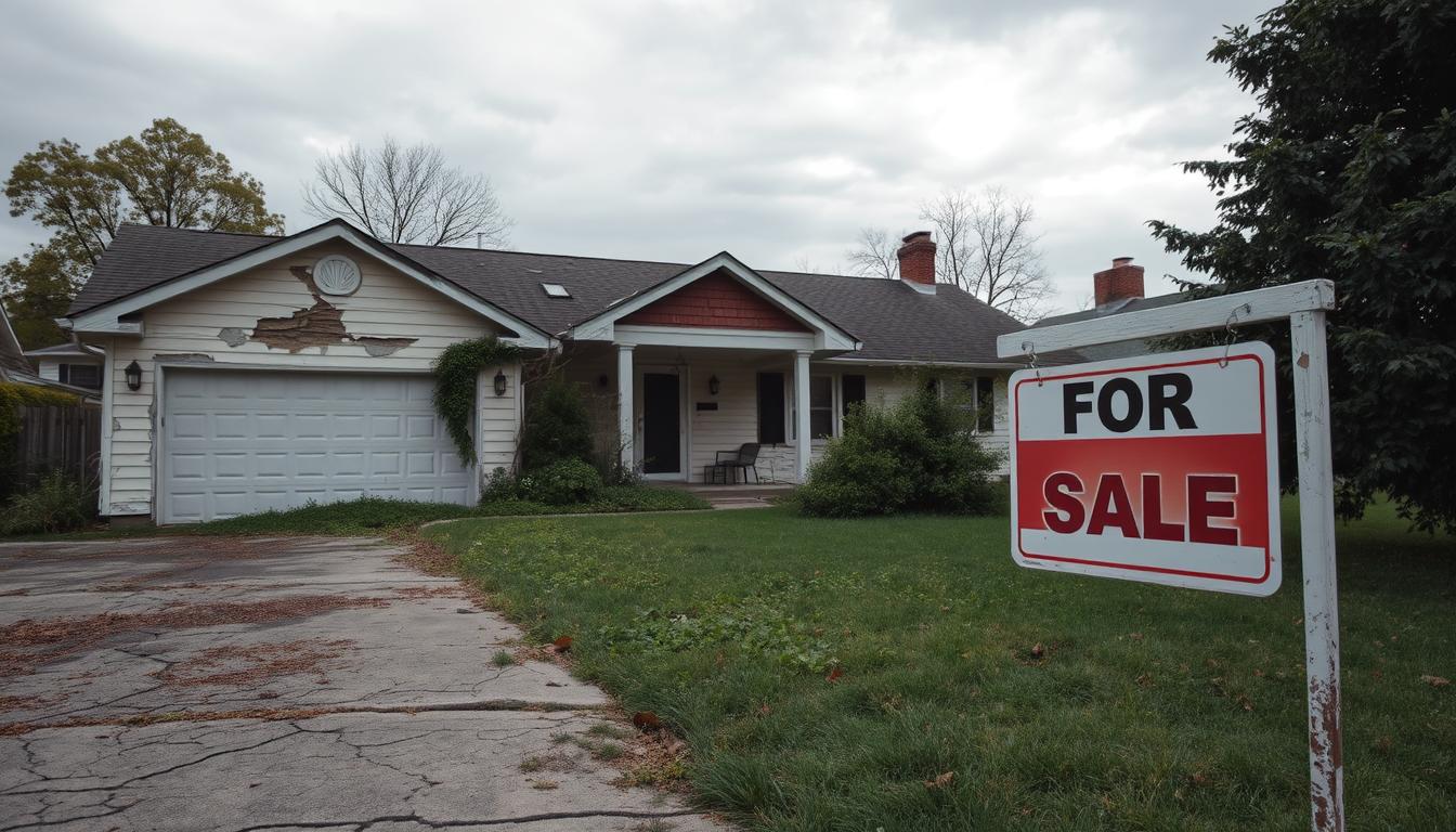 A dilapidated suburban home, its once-vibrant exterior now faded and neglected. Peeling paint, crumbling siding, and overgrown vegetation hint at years of disrepair. The lawn is unkempt, and the driveway is cracked, conveying a sense of abandonment. The sky is overcast, casting a dreary, muted light that accentuates the home's deterioration. In the foreground, a "For Sale" sign stands, its message of desperation underscoring the decline in property value. The overall scene evokes a palpable sense of neglect and the consequences of ignoring small home repairs. A dilapidated suburban home, its once-vibrant exterior now faded and neglected. Peeling paint, crumbling siding, and overgrown vegetation hint at years of disrepair. The lawn is unkempt, and the driveway is cracked, conveying a sense of abandonment. The sky is overcast, casting a dreary, muted light that accentuates the home's deterioration. In the foreground, a "For Sale" sign stands, its message of desperation underscoring the decline in property value. The overall scene evokes a palpable sense of neglect and the consequences of ignoring small home repairs.
