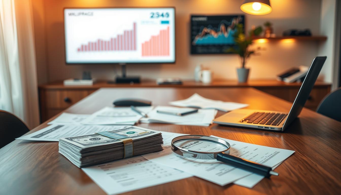 A stylish wooden desk with a laptop, calculator, and scattered financial documents, illuminated by warm overhead lighting. In the foreground, a stack of cash and a magnifying glass analyze mortgage paperwork. Behind it, a graph chart displays cash flow analysis on a wall-mounted monitor. The scene exudes an atmosphere of financial expertise and sophisticated real estate investment strategy. A stylish wooden desk with a laptop, calculator, and scattered financial documents, illuminated by warm overhead lighting. In the foreground, a stack of cash and a magnifying glass analyze mortgage paperwork. Behind it, a graph chart displays cash flow analysis on a wall-mounted monitor. The scene exudes an atmosphere of financial expertise and sophisticated real estate investment strategy.