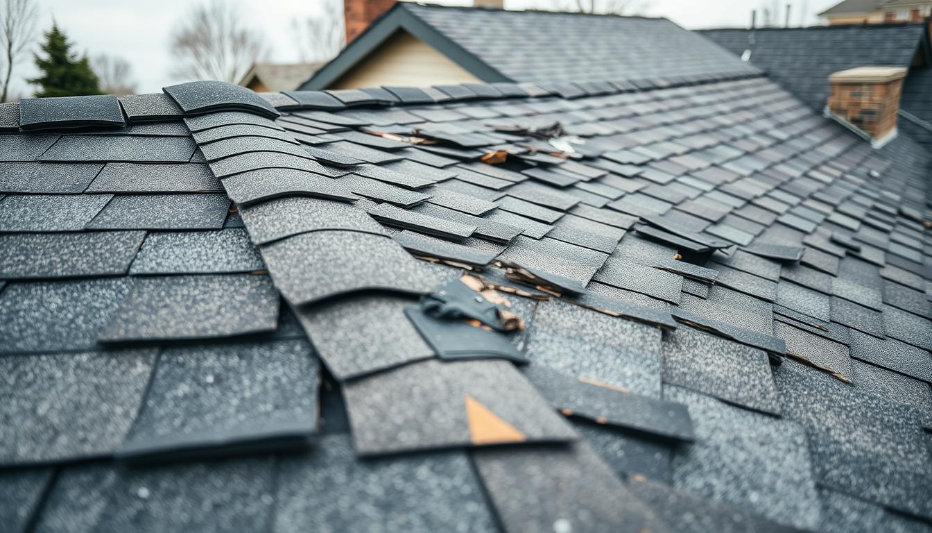 A detailed close-up of a residential asphalt roof, highlighting areas of damage. The foreground shows a section of the roof with cracked, curled, and missing shingles, showcasing the severity of the wear and tear. The middle ground reveals the underlying roof structure and flashing, while the background provides a wider view of the entire rooftop. The lighting is overcast, casting soft, even shadows that accentuate the texture and condition of the materials. The angle is slightly elevated, providing a professional, inspective perspective. The overall mood conveys the importance of thorough roof assessment to determine the necessary home repairs. A detailed close-up of a residential asphalt roof, highlighting areas of damage. The foreground shows a section of the roof with cracked, curled, and missing shingles, showcasing the severity of the wear and tear. The middle ground reveals the underlying roof structure and flashing, while the background provides a wider view of the entire rooftop. The lighting is overcast, casting soft, even shadows that accentuate the texture and condition of the materials. The angle is slightly elevated, providing a professional, inspective perspective. The overall mood conveys the importance of thorough roof assessment to determine the necessary home repairs.