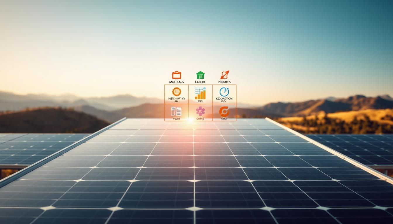 A sleek, modern solar panel setup stands in the foreground, its glossy surface reflecting the warm glow of the sun. In the middle ground, a grid of factors influencing the costs - materials, labor, installation, permits, grid connection - are represented by colorful icons and infographic elements. The background features a rolling landscape of hills and mountains, symbolizing the diverse geographic considerations for renewable energy projects. The lighting is soft and natural, casting long shadows and highlights that accentuate the depth and dimensionality of the scene. The overall composition conveys a sense of balance, practicality, and the dynamic interplay of technical, financial, and environmental factors shaping the renewable energy landscape. A sleek, modern solar panel setup stands in the foreground, its glossy surface reflecting the warm glow of the sun. In the middle ground, a grid of factors influencing the costs - materials, labor, installation, permits, grid connection - are represented by colorful icons and infographic elements. The background features a rolling landscape of hills and mountains, symbolizing the diverse geographic considerations for renewable energy projects. The lighting is soft and natural, casting long shadows and highlights that accentuate the depth and dimensionality of the scene. The overall composition conveys a sense of balance, practicality, and the dynamic interplay of technical, financial, and environmental factors shaping the renewable energy landscape.
