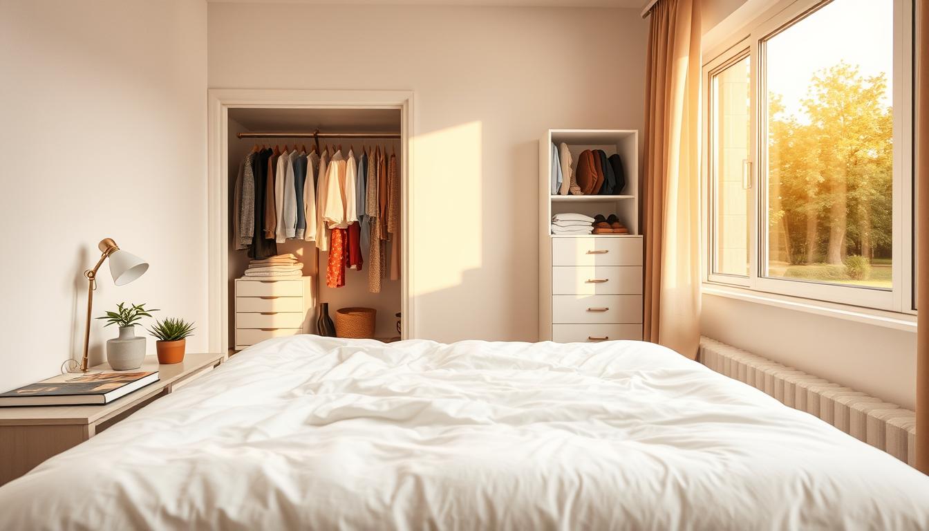 A cozy, well-lit bedroom with a minimalist aesthetic. In the foreground, a neatly made bed with soft, cloud-like bedding. On the nightstands, a few carefully curated decor pieces - a small plant, a simple lamp, and a hardcover book. The middle ground features an organized closet with color-coordinated clothing, and open drawers revealing tidily folded linens. The background showcases a large window flooding the space with warm, golden natural light, casting a peaceful glow. The overall atmosphere is one of serenity, focus, and a sense of rejuvenation. A cozy, well-lit bedroom with a minimalist aesthetic. In the foreground, a neatly made bed with soft, cloud-like bedding. On the nightstands, a few carefully curated decor pieces - a small plant, a simple lamp, and a hardcover book. The middle ground features an organized closet with color-coordinated clothing, and open drawers revealing tidily folded linens. The background showcases a large window flooding the space with warm, golden natural light, casting a peaceful glow. The overall atmosphere is one of serenity, focus, and a sense of rejuvenation.