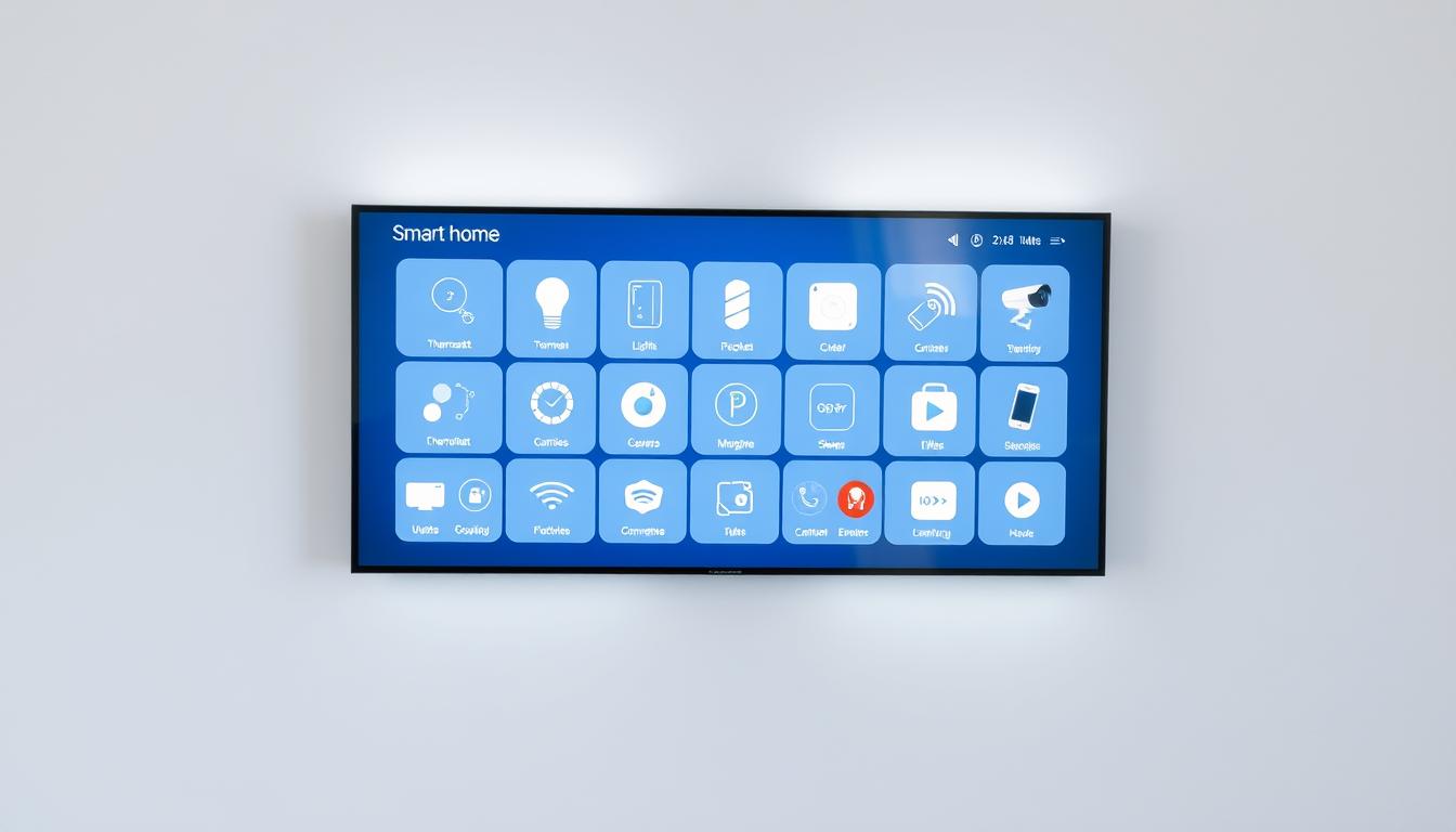 a sleek, modern smart home control panel with a large touchscreen display, showing various smart home device icons and control interfaces. The panel is mounted on a minimalist white wall, with soft ambient lighting illuminating the scene. The display shows icons for smart lights, thermostats, security cameras, and other connected home devices, all seamlessly integrated and controlled through a simple, intuitive interface. The entire setup conveys a sense of technological sophistication and efficient home automation, reflecting the &quot;smart home integration compatibility&quot; concept.