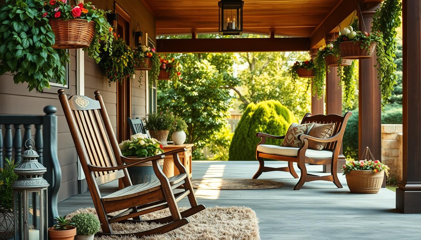 A cozy and inviting front porch with a mix of charming decorative elements. In the foreground, an antique wooden rocking chair sits on a plush outdoor rug, accented by potted plants and a weathered metal lantern. The middle ground features a wooden bench adorned with plush cushions and seasonal flower arrangements. Hanging baskets with cascading vines flank the entry, casting warm, natural light across the space. In the background, the porch's wooden beams and columns are framed by lush greenery, creating a serene and welcoming atmosphere. The overall scene exudes a sense of timeless elegance and curb appeal.