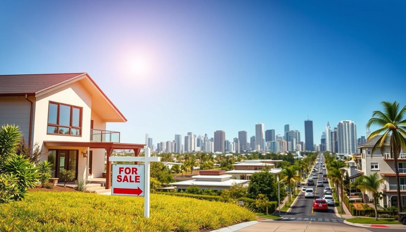 A vibrant, real estate-themed scene depicting the current market trends. In the foreground, a stylish and modern house with a &amp;quot;For Sale&amp;quot; sign, surrounded by lush greenery and a well-manicured lawn. In the middle ground, a busy street with a variety of residential and commercial properties, showcasing the diversity of the local real estate landscape. In the background, a cityscape with towering skyscrapers and a clear, azure sky, suggesting an urban setting with a thriving economy. The lighting is warm and inviting, creating a sense of optimism and opportunity. The overall composition conveys a sense of balance, growth, and the dynamic nature of the real estate market.