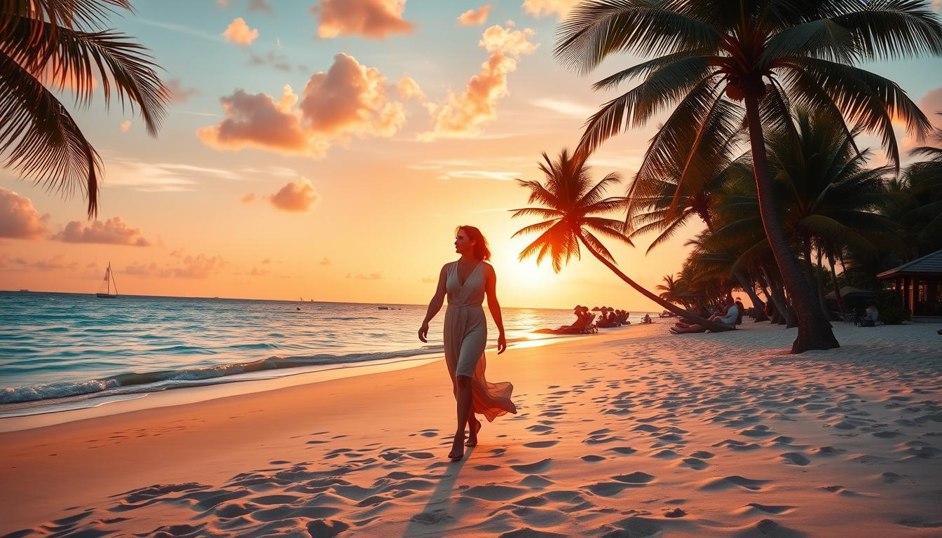 A serene Caribbean beach at sunset, with a loving couple strolling hand-in-hand along the soft, golden sand. In the foreground, the couple is dressed in elegant, casual resort wear, their faces aglow with affection. The middle ground features swaying palm trees casting gentle shadows, and in the background, a tranquil azure ocean dotted with sailboats and a vibrant orange-pink sky. The scene is illuminated by warm, golden natural lighting, captured with a wide-angle lens to convey a sense of romantic intimacy and serene island paradise.