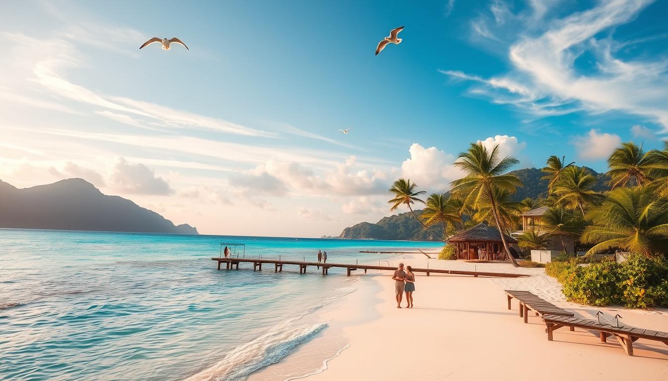 A tranquil Caribbean island paradise with lush palm trees swaying gently in the warm breeze. Crystal clear turquoise waters lap against white sandy beaches, inviting couples to bask in the romantic atmosphere. In the distance, verdant hills and rugged cliffs rise up, creating a picturesque backdrop. Soft afternoon sunlight filters through wispy clouds, casting a golden glow over the scene. Intimate cabanas and thatched-roof bungalows dot the coastline, offering secluded romantic retreats. A small wooden pier extends into the calm sea, perfect for a leisurely stroll hand-in-hand. Overhead, seagulls glide effortlessly through the azure sky, completing the idyllic tropical ambiance.