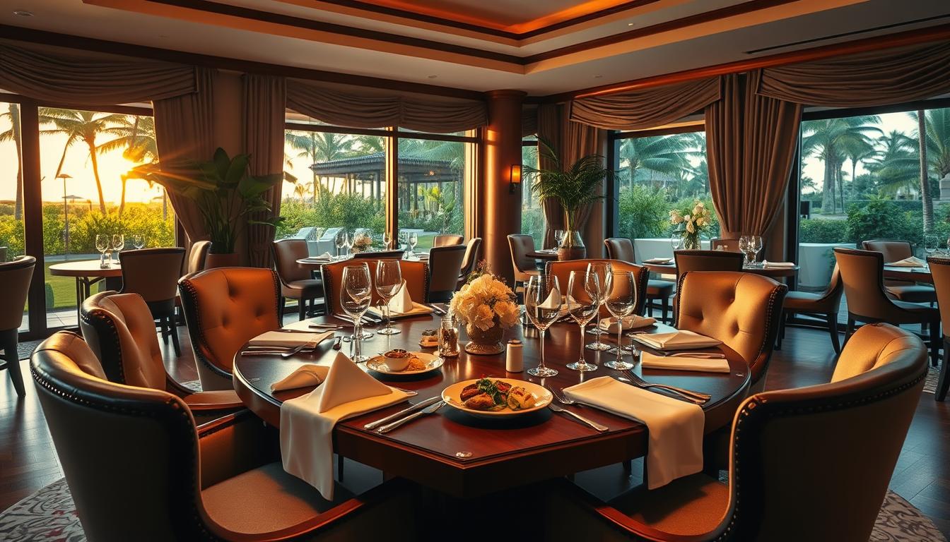 A tranquil, well-appointed dining room in a luxury senior resort, bathed in warm, golden lighting from large windows overlooking a lush, tropical outdoor scene. Elegant, plush chairs surround a polished wooden table set with fine china, crystal glassware, and gleaming silverware. The menu features a diverse selection of gourmet dishes catering to the discerning palates of the mature clientele. A mood of refined sophistication and attentive service pervades the scene, inviting the residents to savor their dining experience in comfort and style.