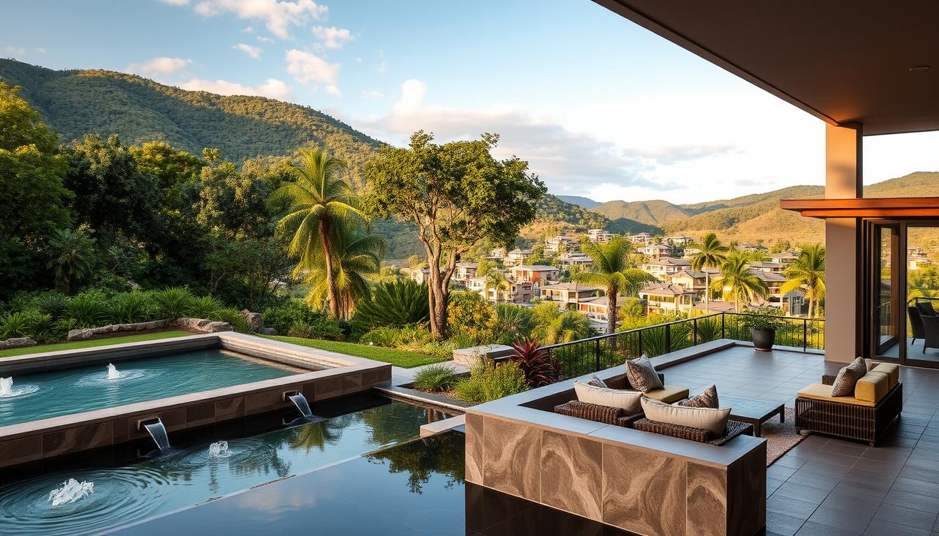 A tranquil, wellness-focused resort for health-conscious seniors, set against a backdrop of lush, verdant landscapes. In the foreground, a serene outdoor spa pavilion with soothing water features and gentle natural lighting. Middle ground showcases a modern, yet cozy communal lounge area with plush seating and floor-to-ceiling windows overlooking picturesque gardens. The background reveals a sprawling campus of low-rise, eco-friendly accommodations nestled among rolling hills and mature trees, exuding a sense of peaceful seclusion. The overall atmosphere evokes a rejuvenating, restorative experience tailored to the needs of active, aging adults.