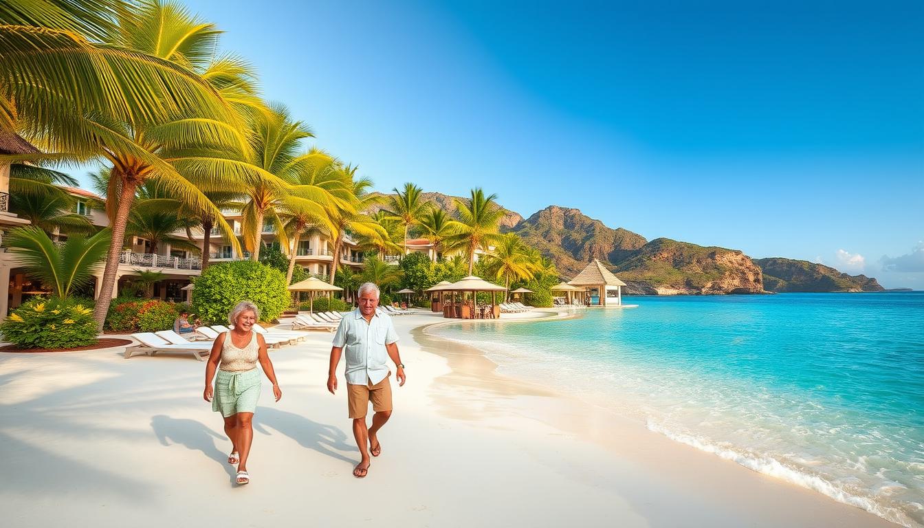 An idyllic tropical oasis, a secluded beachfront resort with swaying palm trees and turquoise waters. In the foreground, a couple in their 60s stroll hand-in-hand along the pristine white sand, dressed in casual resort wear. The middle ground features a luxurious outdoor pool area, with comfortable lounge chairs and a swim-up bar where other guests relax. In the background, lush, verdant gardens and a backdrop of rugged cliffs create a serene, natural ambiance. The lighting is warm and golden, casting a soothing glow over the entire scene. Shot with a wide-angle lens to capture the expansive, picturesque setting, this image conveys the tranquility and indulgence of the best all-inclusive resorts for older couples.