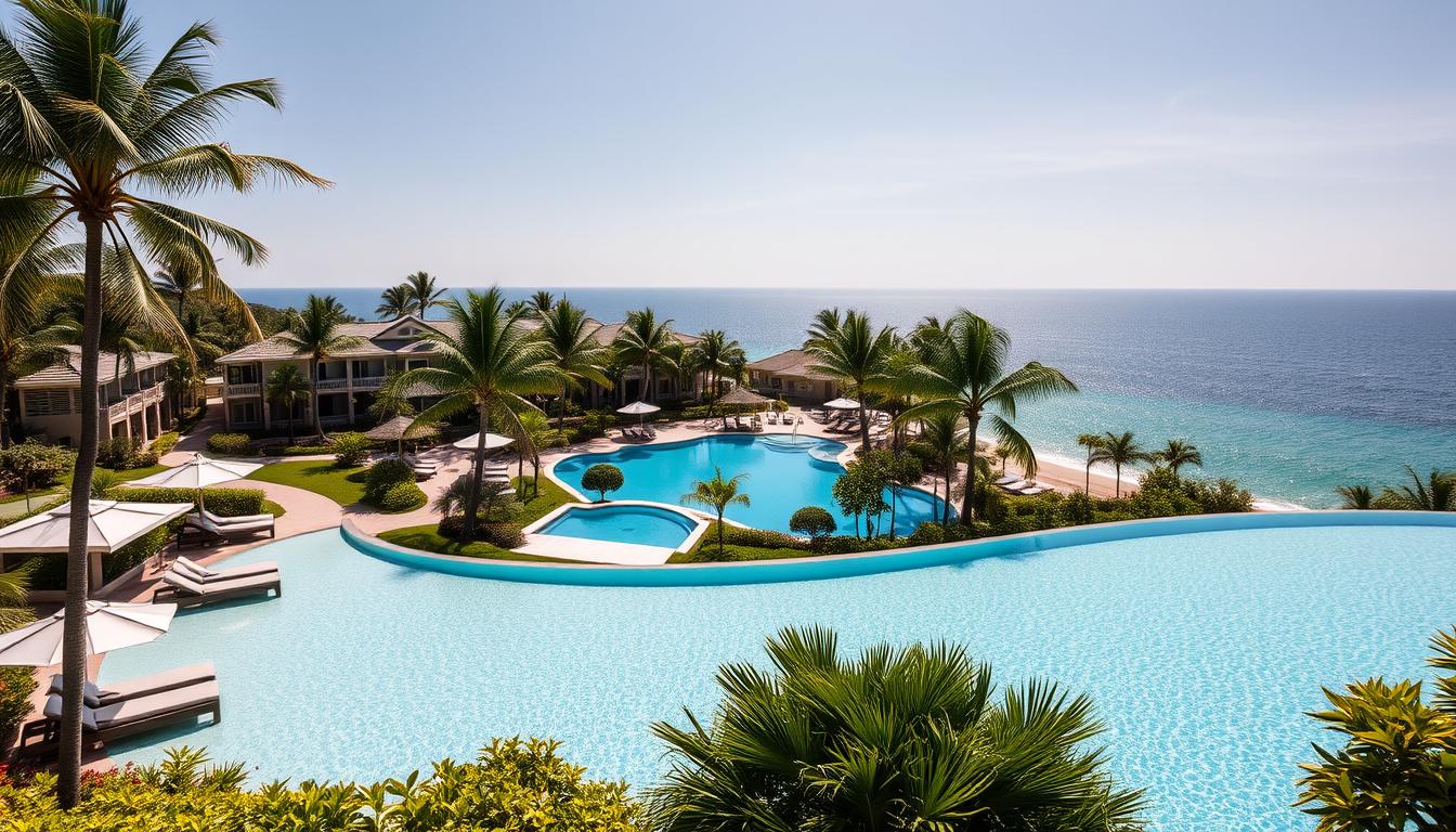 A serene, sun-drenched oasis nestled amidst lush tropical foliage. In the foreground, a gently curving infinity pool with crystal-clear azure waters, its edges blending seamlessly with the distant horizon. Around the pool, comfortable lounge chairs and shaded cabanas invite guests to relax and unwind. In the middle ground, a sprawling resort complex with well-appointed suites, each featuring private balconies overlooking the tranquil scene. Tall palm trees sway gently in the warm breeze, casting dappled shadows across the pristine grounds. The background features a picturesque coastline, with a glistening azure ocean meeting the cloudless sky. The overall atmosphere evokes a sense of serene luxury, perfectly suited for a couples' getaway catered to the needs of mature travelers.