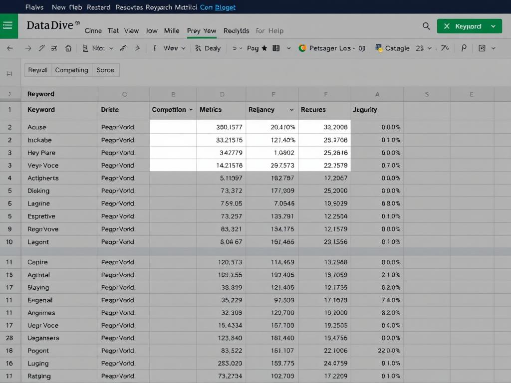Data Dive Research Sheet showing keyword analysis