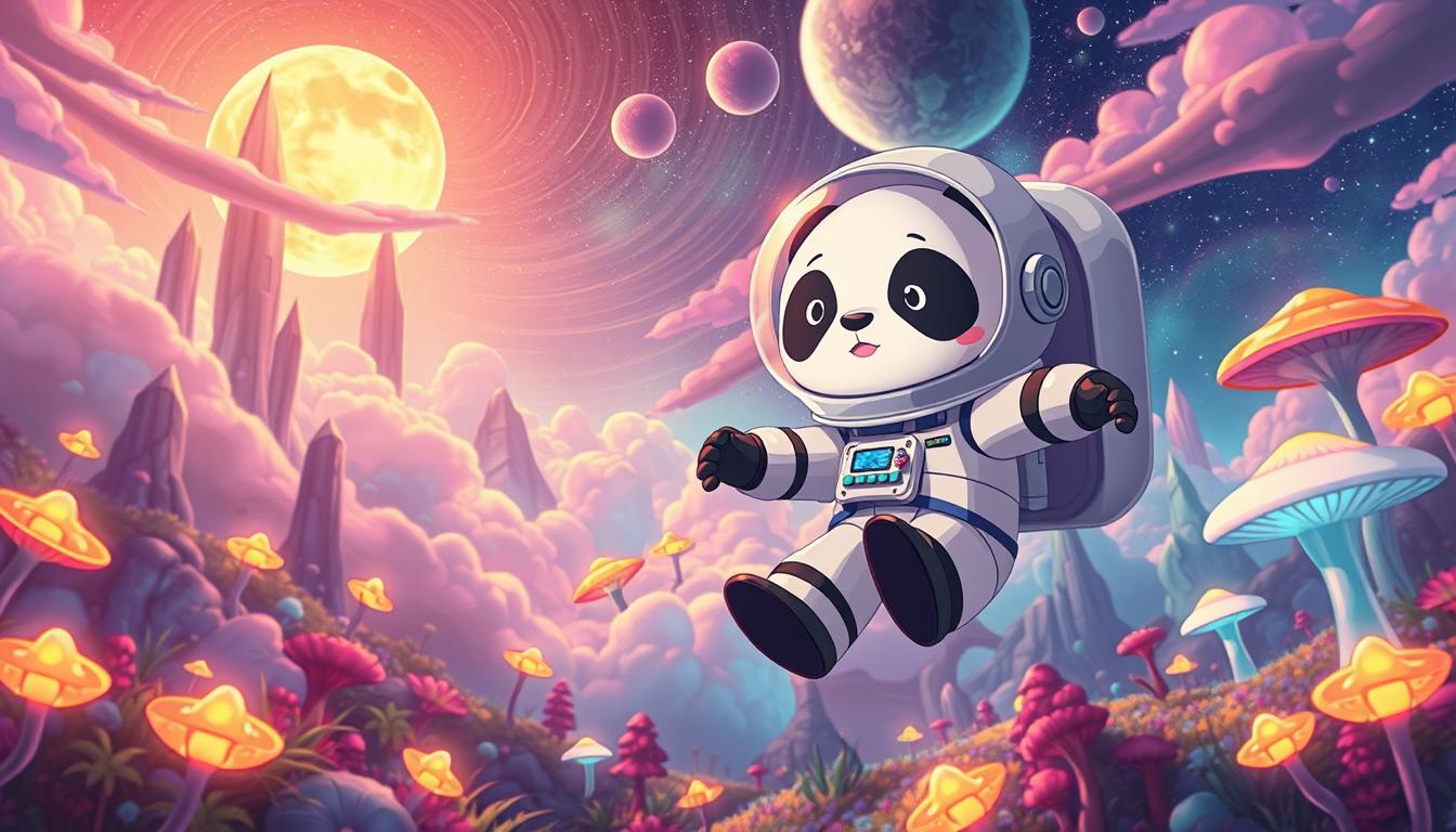 A whimsical scene of a panda astronaut exploring a vibrant alien landscape. The panda, wearing a sleek spacesuit with playful details, floats weightlessly, drifting among swirling cosmic clouds and glowing, otherworldly flora. The background features a lush, fantastical world, with towering crystalline structures, luminescent mushrooms, and a luminous, multicolored sky. Warm, saturated colors and a sense of wonder and imagination permeate the image, inviting the viewer to join the panda's interstellar adventure.
