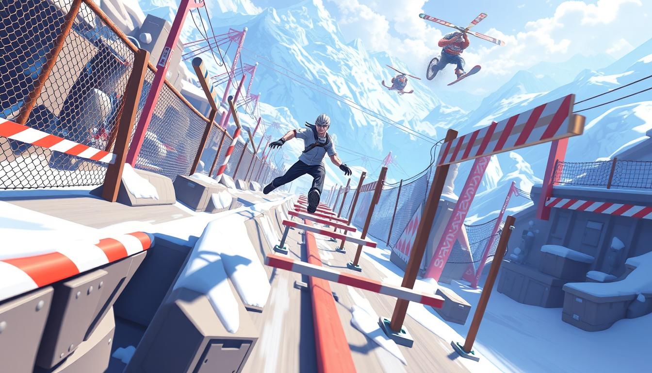 A high-energy endless runner game set in the vibrant Skibronx landscape, with the player navigating a dynamic obstacle course. Showcase an action-packed scene of the runner leaping over hurdles, dodging barriers, and weaving through a variety of environmental challenges. Depict the runner with a sense of urgency and determination, capturing the thrill and tension of the gameplay. Render the scene with a cinematic, high-contrast lighting that emphasizes the drama and athleticism of the moment. Incorporate a diverse range of obstacles, such as towering fences, spinning gates, and floating platforms, to convey the escalating difficulty and excitement of the Skibronx Runner experience.