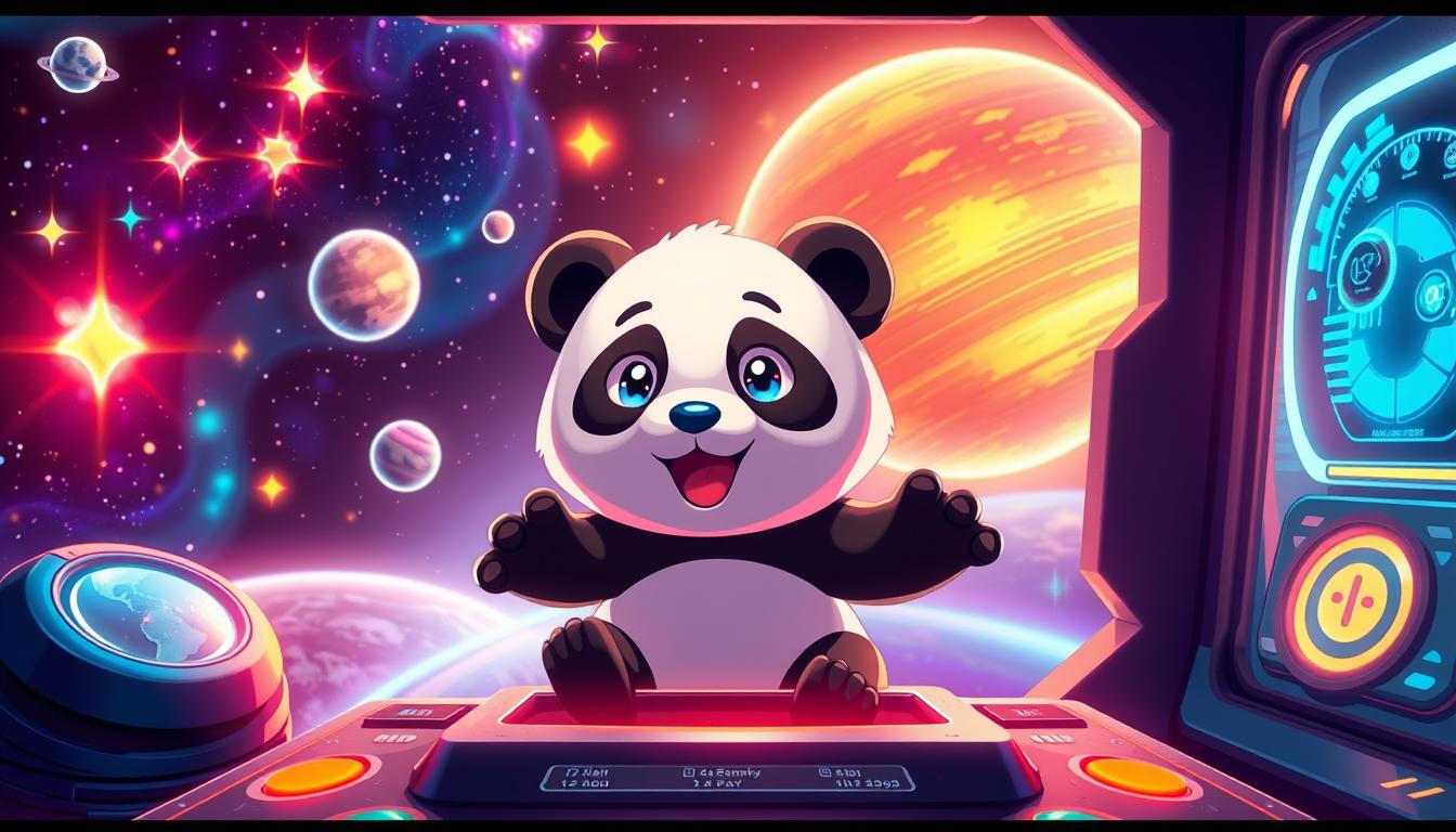 A vibrant, captivating design of the &quot;Galactic Panda Adventure&quot; game. A colorful, eye-catching foreground displays the playful panda protagonist, surrounded by a futuristic, space-themed environment. Glowing stars, swirling nebulae, and distant planets create a mesmerizing middle ground, while a sleek, high-tech control panel and interface elements occupy the background. Warm, inviting lighting casts a sense of wonder and excitement, drawing the viewer into the imaginative, child-friendly world of this interstellar adventure.