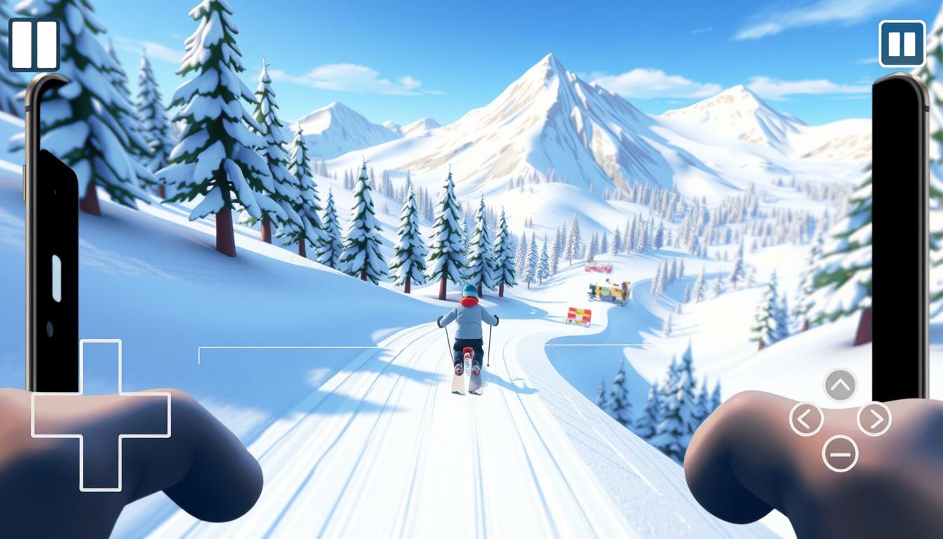 A detailed 3D rendering of the gameplay mechanics in the mobile game &quot;Skibronx Runner&quot;. The foreground depicts a player character skiing down a winding, snow-covered slope, navigating past obstacles and jumps. The middle ground showcases the control scheme, with intuitive touch gestures for steering, jumping, and using power-ups. The background features the game's vibrant, stylized winter landscape, complete with snowy peaks, pine trees, and a crisp, blue sky. The lighting is natural and diffused, creating a sense of depth and realism. The overall composition emphasizes the seamless integration of player controls and the dynamic, fast-paced gameplay that defines the &quot;Skibronx Runner&quot; experience.