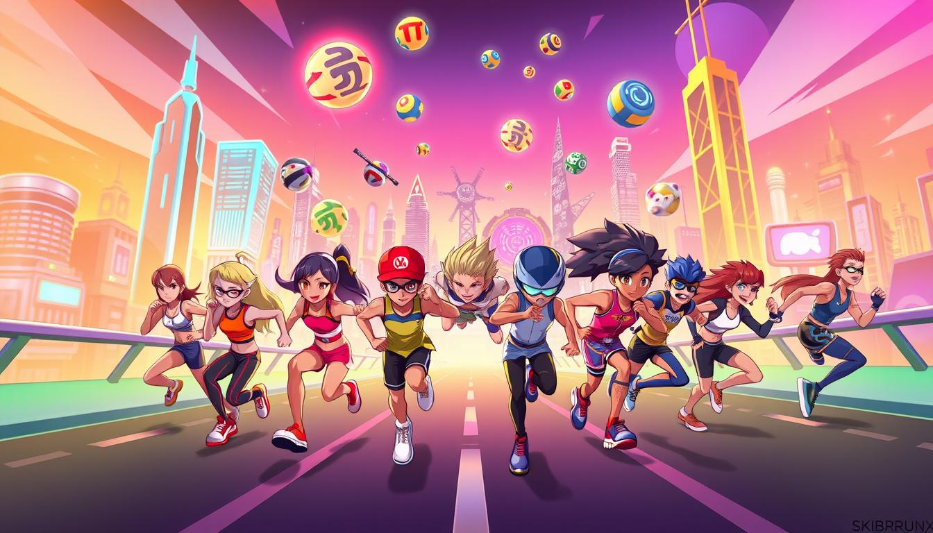 A vibrant, colorful illustration depicting the unlockable characters and elements in the game &quot;Skibronx Runner&quot;. In the foreground, a group of diverse, stylized runners in athletic outfits strike dynamic poses, showcasing their unique designs and personalities. In the middle ground, various obstacles and power-ups float in the air, hinting at the game's engaging gameplay. The background features a futuristic, neon-lit city skyline with towering skyscrapers and a vibrant, cyberpunk-inspired atmosphere. The lighting is warm and vivid, creating a sense of energy and excitement. The entire scene is rendered with a sleek, high-definition, 3D illustration style that captures the essence of the game's visual aesthetics.