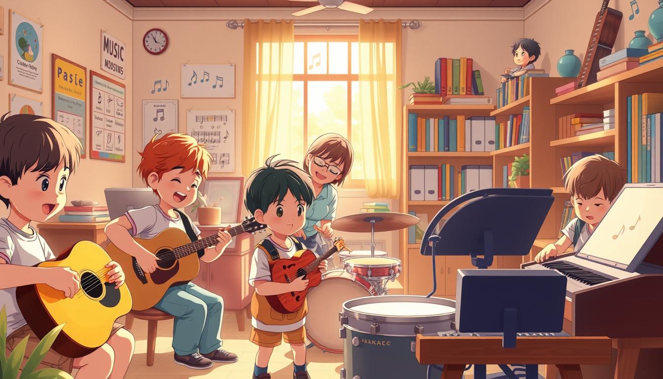 A vibrant, detailed illustration depicting the importance of music in the development of children's skills. Set in a cozy, sun-dappled classroom, the foreground shows a group of young students playing various musical instruments - a child strumming a guitar, another tapping on a xylophone, and others exploring drums and keyboards. In the middle ground, the teacher guides and encourages the students, their expressions filled with joy and concentration. The background features educational posters, musical notes, and shelves of books, conveying a sense of learning and creativity. The scene is bathed in warm, soft lighting, creating a welcoming, nurturing atmosphere that highlights the transformative power of music in shaping children's cognitive, social, and emotional skills.