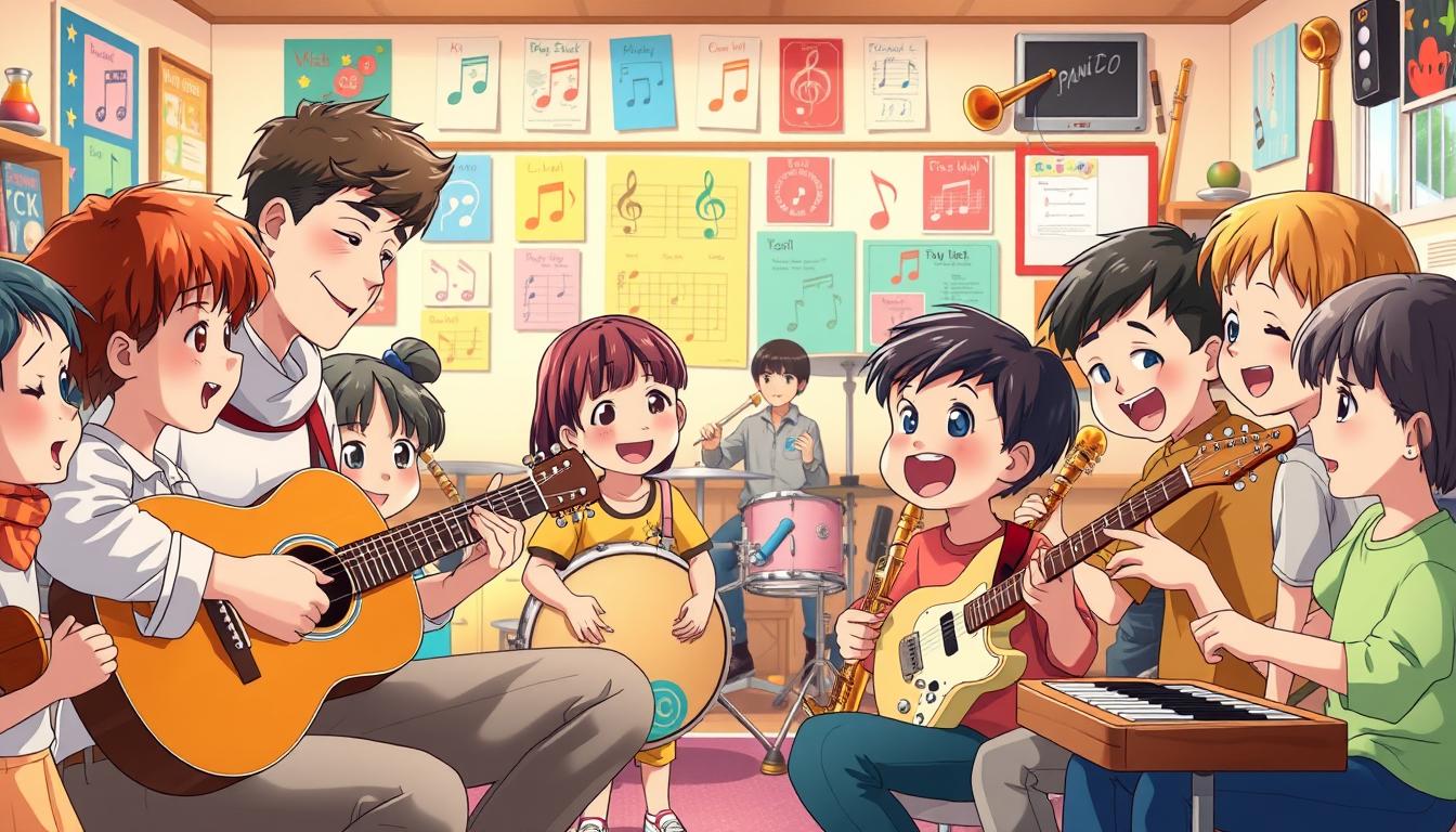 A vibrant scene of children joyfully playing and learning music together. The foreground features a group of kids, diverse in age and ethnicity, gathered around a teacher demonstrating how to play a guitar. Their faces are filled with excitement and concentration as they mimic the instructor's movements. In the middle ground, additional children are seen playing various musical instruments, such as drums, keyboards, and wind instruments, creating a harmonious symphony. The background showcases a warm, cozy learning environment, with colorful posters, musical notes, and instruments decorating the walls, conveying a sense of creativity and discovery. The lighting is soft and natural, enhancing the welcoming atmosphere. The overall composition captures the success stories and positive experiences of children exploring the world of music through an engaging educational platform.