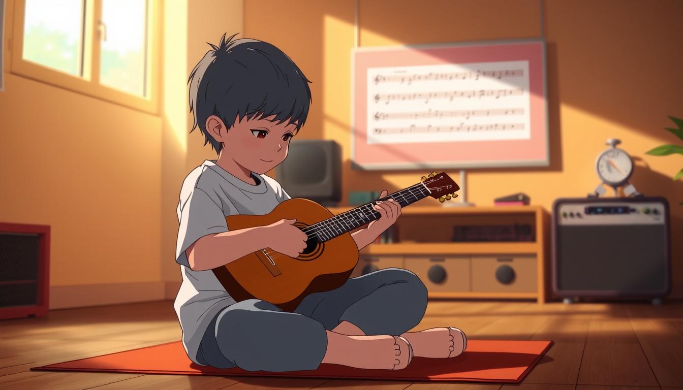 A serene online music class, where a young child sits cross-legged, intently focused on a guitar. The room is bathed in warm, natural lighting, casting a soft glow on the student's face as they meticulously pluck the strings. In the background, a minimalist and inviting digital interface displays musical notes and chords, guiding the child's learning journey. The overall atmosphere is one of calm concentration, as the student embarks on an enriching, technology-enhanced musical exploration.
