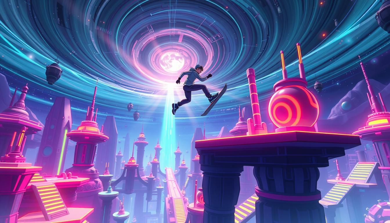 A surreal and vibrant world of the Skibronx Runner game. In the foreground, a dynamic figure of the runner, clad in futuristic attire, leaps gracefully over a series of towering obstacles. The middle ground features a kaleidoscopic landscape of neon-hued platforms, ramps, and architectural structures, all set against a backdrop of a vast, swirling cosmic sky. Shafts of light pierce through the scene, casting dramatic shadows and highlights on the runner's form. The overall atmosphere is one of high-energy, technological wonder, and a sense of boundless imagination, perfectly capturing the essence of the Skibronx Runner game.