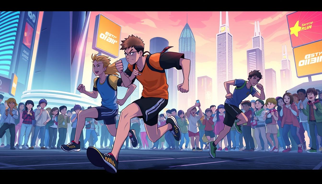 A vibrant, high-resolution scene depicting the social and competitive features of the game &quot;Skibronx Runner&quot;. In the foreground, two runners in dynamic poses race neck-and-neck, their expressions intense as they jockey for position. The middle ground shows a crowd of spectators cheering enthusiastically, their faces filled with excitement. In the background, the sleek, modern cityscape of Skibronx provides an urban backdrop, with towering skyscrapers and neon-lit billboards. Dramatic lighting casts dramatic shadows, creating a sense of energy and motion. The overall atmosphere conveys the thrill and camaraderie of this competitive running game.