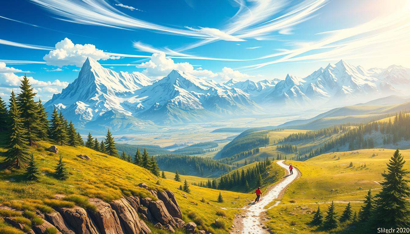 A sprawling, vibrant world of Skibronx Runner, captured in high-definition. Towering snow-capped mountains rise in the distance, their peaks shrouded in wispy clouds. In the foreground, a rugged, winding path cuts through a lush, pine-dotted landscape, flanked by rolling hills and sprawling meadows. The sky is a brilliant blue, with soft, diffused sunlight casting warm, golden hues across the scene. Skiers and snowboarders gracefully navigate the terrain, their fluid movements reflected in the pristine, glistening snow. The overall atmosphere is one of adventure, exploration, and the pure joy of outdoor recreation, perfectly capturing the essence of the Skibronx Runner experience.