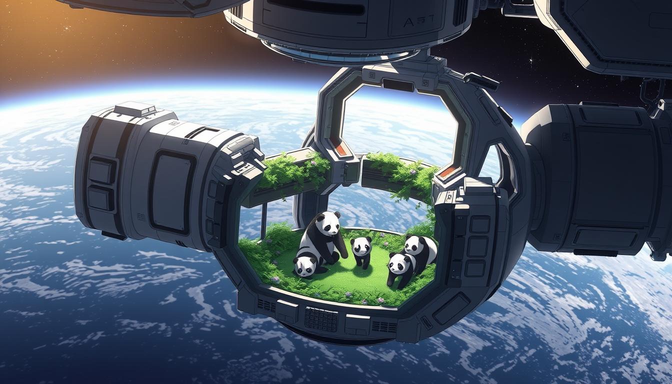 A serene and secure space station orbits the cosmos, its modular design blending seamlessly with the tranquil void. At the center, a cozy Panda habitat showcases the gentle creatures exploring their lush, verdant enclosure, shielded from the harsh realities of the universe beyond. Soft, diffused lighting casts a soothing glow, while sleek, state-of-the-art surveillance systems discreetly monitor the Pandas' well-being. In the background, a window offers a breathtaking view of the infinite expanse, reminding us of the wonder and fragility of our existence. This harmonious scene evokes a sense of safety, comfort, and the boundless potential of interstellar exploration, where even the most vulnerable can thrive.