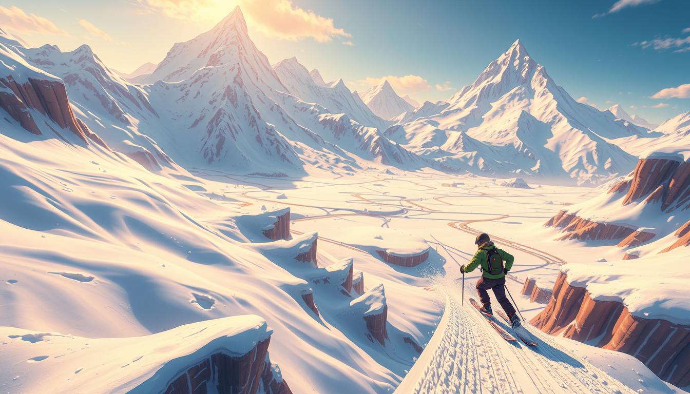 A dynamic, hyperrealistic digital illustration depicting a player navigating the challenges of the Skibronx Runner game. The scene shows the player character in the foreground, expertly maneuvering through a series of obstacles and hazards, such as towering snowdrifts, icy cliffs, and treacherous jumps. The middle ground features a sprawling, snow-covered landscape with undulating hills and frozen rivers, all rendered in a vibrant, high-contrast color palette. The background showcases the majestic, jagged peaks of a towering mountain range, bathed in a warm, golden light that casts dramatic shadows across the scene. The overall composition conveys a sense of dynamism, skill, and the thrill of gameplay, capturing the essence of the &quot;Skibronx Runner&quot; experience.