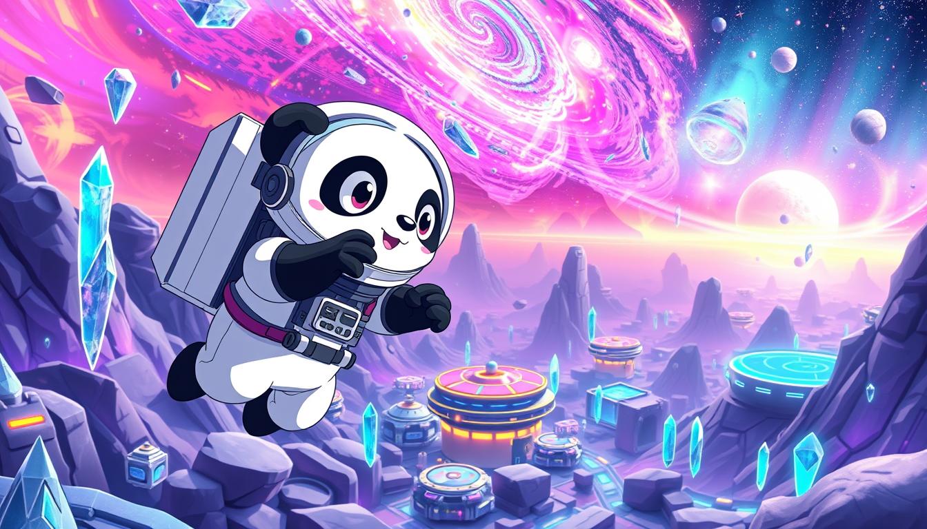 A vibrant and whimsical scene of a panda astronaut exploring a futuristic, extraterrestrial landscape. In the foreground, the panda character floats effortlessly in a sleek, white spacesuit, its fur glistening with a subtle iridescence. The panda's large, expressive eyes convey a sense of wonder and curiosity as it reaches out to interact with the alien environment. The middle ground features a colorful array of floating crystals, holographic displays, and futuristic technology, hinting at the advanced nature of this otherworldly setting. In the background, a panoramic view of a vibrant, alien sky with swirling nebulae and distant planetary bodies creates a sense of depth and scale, immersing the viewer in this fantastical, space-faring adventure.