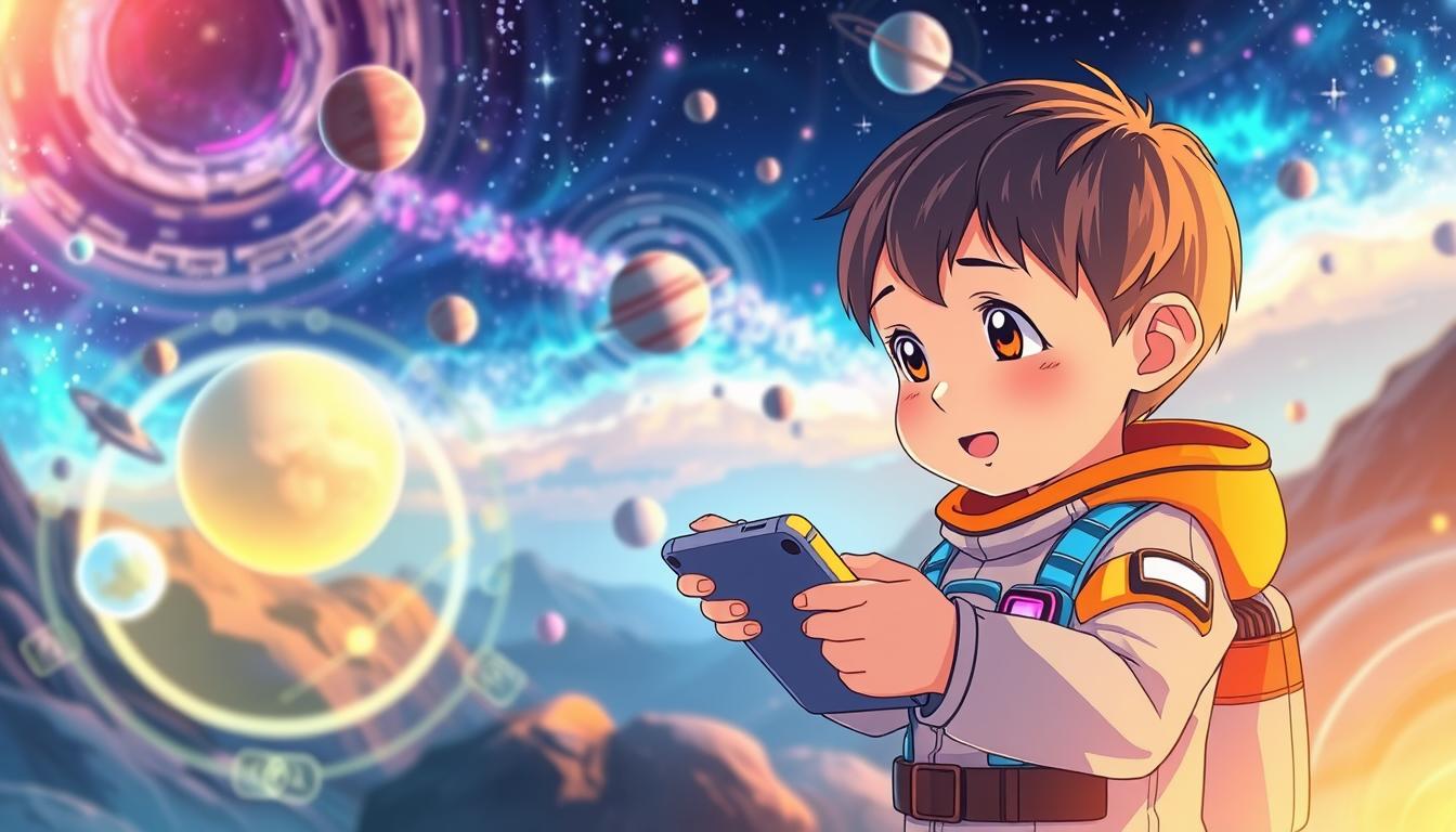 A vibrant and whimsical scene of a young child exploring a colorful and futuristic space adventure game. The foreground features the child, dressed in a space-themed outfit, engaged with a handheld device, their face lit with wonder and excitement. The middle ground showcases various interactive elements of the game, such as holographic planets, floating asteroids, and sci-fi-inspired UI elements. The background depicts a dreamlike, cosmic landscape with swirling galaxies, nebulae, and twinkling stars, creating a sense of boundless exploration and discovery. The lighting is warm and inviting, with strategic use of vibrant hues to capture the educational and engaging nature of the space adventure game. The overall composition conveys the child's immersion in a captivating learning experience that sparks their imagination and curiosity about the wonders of the universe.