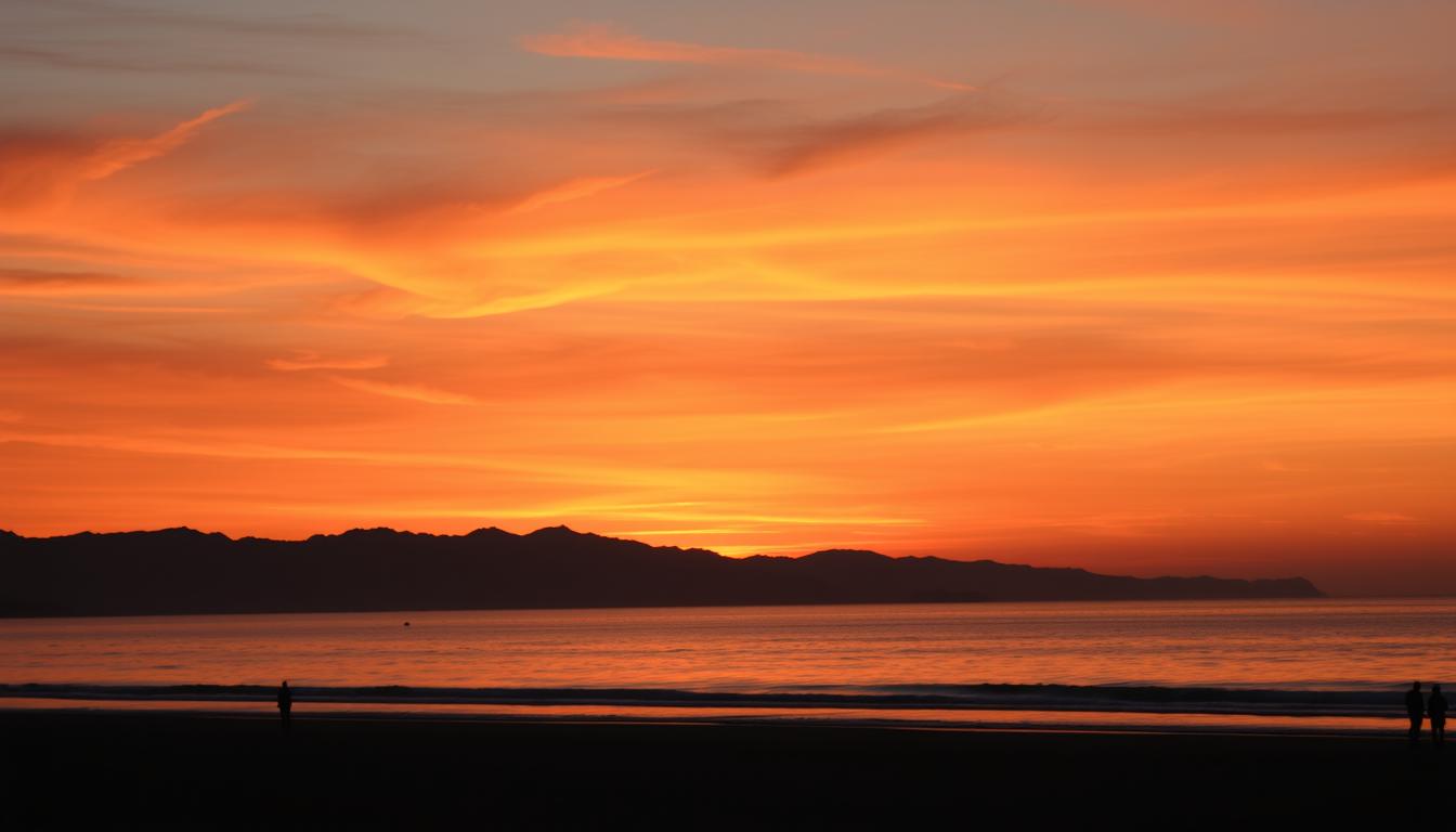 Pôr do sol na Serra da Juréia visto de uma das melhores praias de Peruíbe, com céu alaranjado e silhueta das montanhas