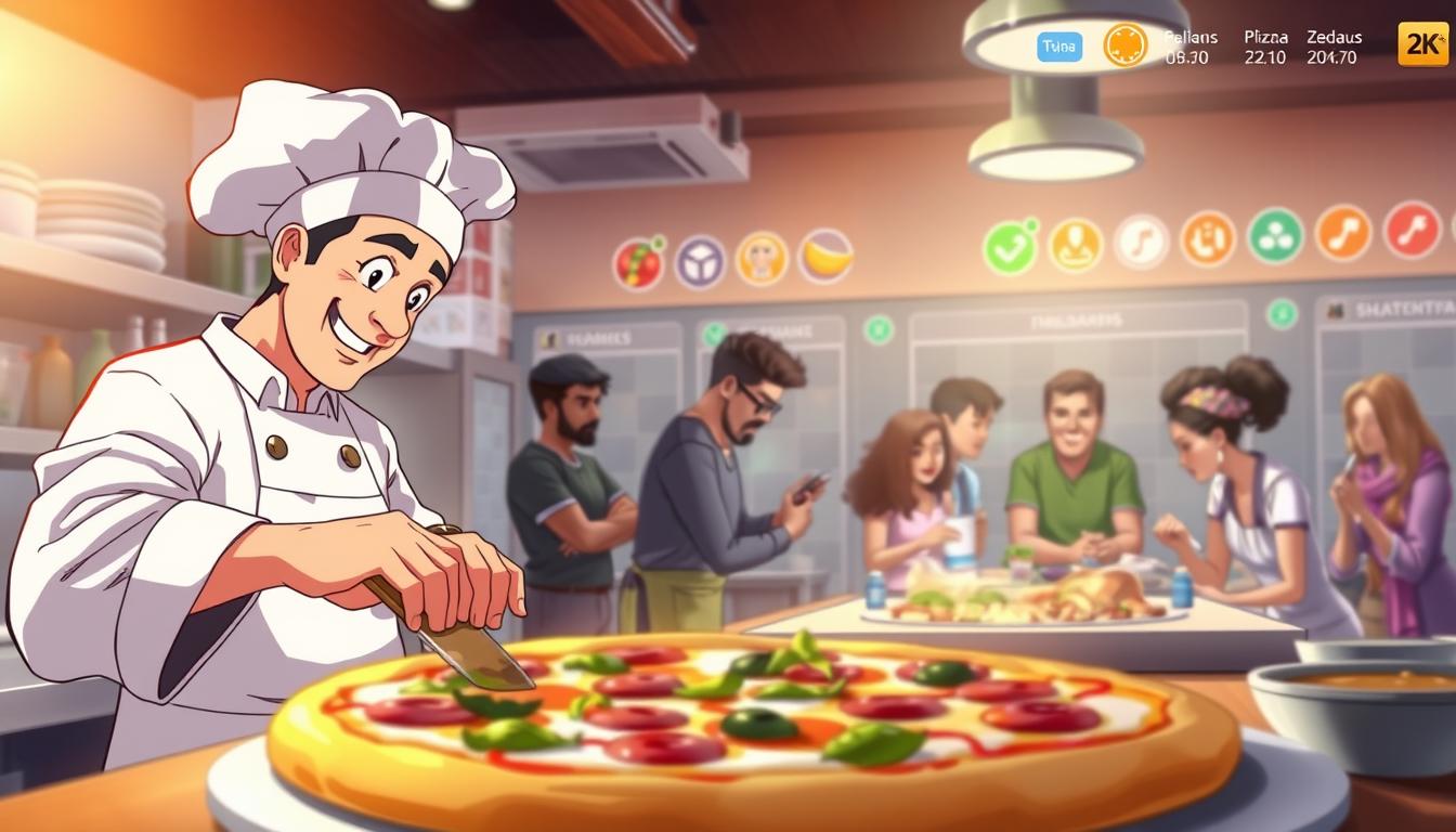 A vibrant digital illustration depicting the popular video game &quot;لعبة صانع البيتزا 2&quot;. The foreground showcases a chef in a professional kitchen, intricately crafting a delectable pizza with various toppings. The middle ground features players of diverse backgrounds engaging in competitive pizza-making challenges, their expressions animated with concentration and excitement. The background subtly depicts the game's user interface, with colorful icons and a sleek, modern design. The lighting is warm and inviting, creating a cozy, inviting atmosphere. The overall composition emphasizes the game's focus on both individual culinary mastery and collaborative, multiplayer experiences.