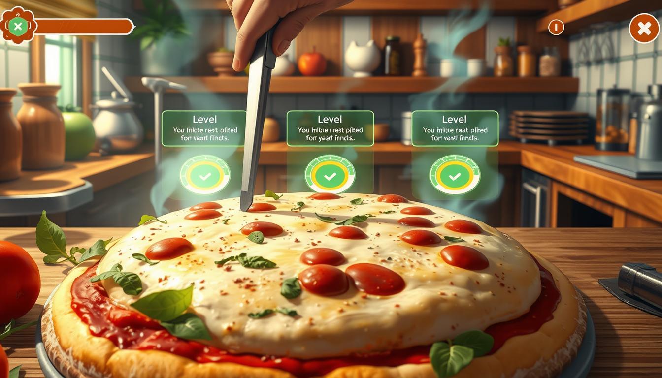 A visually striking image showcasing the progressive levels of a pizza cooking game. In the foreground, a detailed pizza base being expertly manipulated with various tools, surrounded by fresh ingredients. The middle ground reveals a series of on-screen prompts and indicators highlighting the game's progression, with each level introducing new challenges and mechanics. The background depicts a cozy, rustic kitchen setting, complete with wooden countertops, spice jars, and a warm, inviting atmosphere. The lighting is soft and natural, casting subtle shadows that accentuate the textures and shapes. The overall composition guides the viewer's eye through the various stages of the pizza-making process, capturing the essence of a immersive, interactive cooking experience.