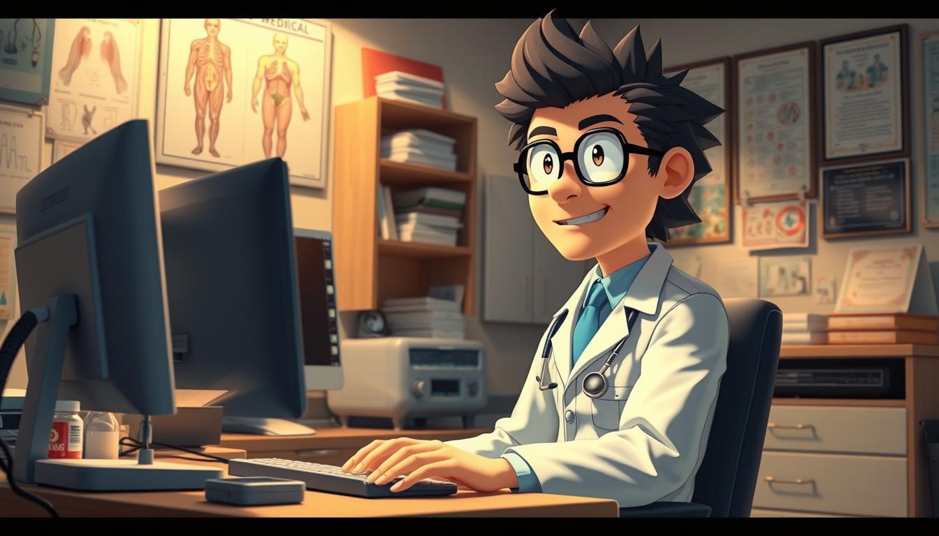 A highly detailed 3D illustration of the &quot;Wojak&quot; character, a widely recognized internet meme figure, in a modern medical setting. The scene depicts the character in a doctor's coat, sitting at a computer desk with medical equipment and supplies surrounding them. The lighting is warm and natural, creating a cozy and professional atmosphere. The camera angle is slightly angled, providing a sense of depth and immersion. The background features medical-themed decor, such as anatomical charts and diplomas, conveying a sense of expertise and authority. The overall mood is one of whimsical yet serious medical practice, reflecting the &quot;Crazy Doctor Wojak&quot; meme.