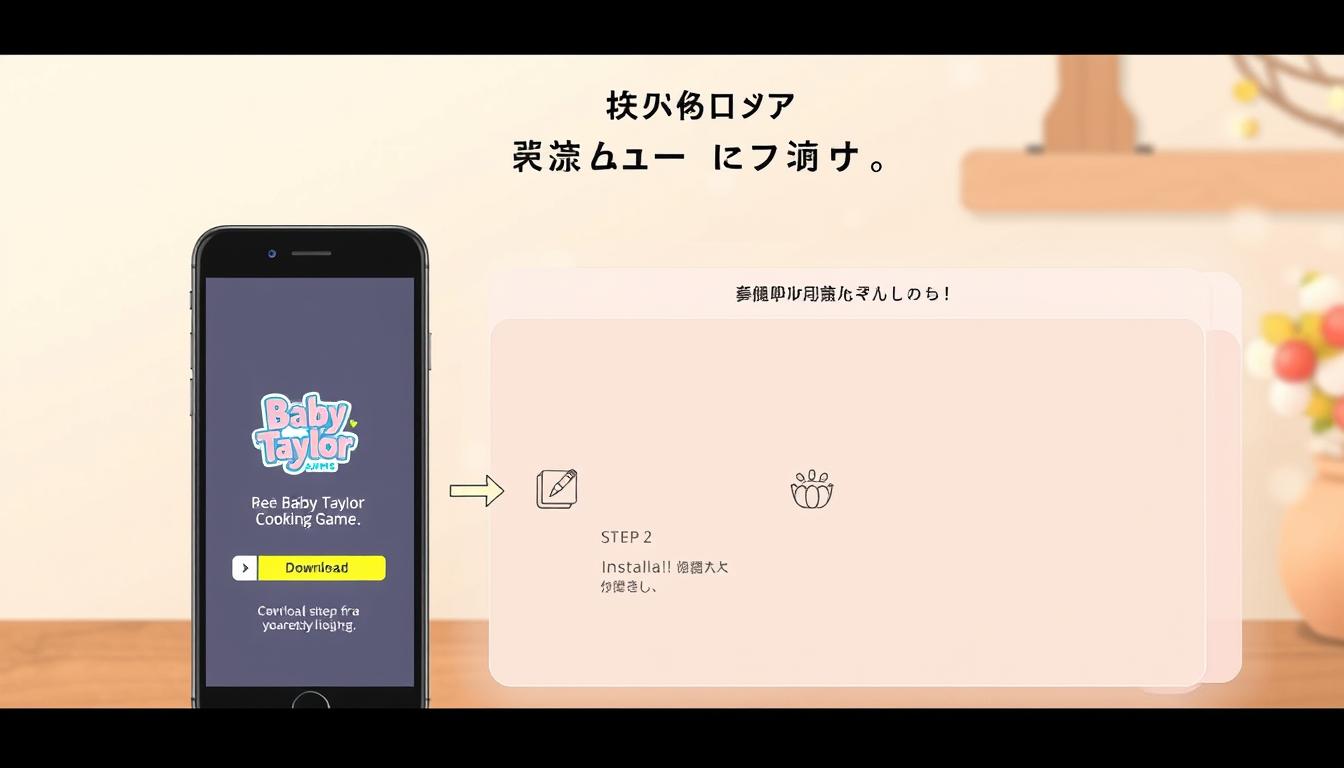 A detailed digital illustration showcasing the process of downloading and installing the &quot;Baby Taylor Cooking Game&quot; application. Set against a soft, pastel-toned backdrop, the foreground prominently features a smartphone or tablet device, its screen displaying the game's title and download interface. The middle ground presents a step-by-step visual guide, with clear icons and simple infographic elements guiding the user through the installation steps. The background subtly hints at a cheerful, festive atmosphere, with subtle seasonal motifs and warm lighting to evoke the cozy ambiance of preparing for Thanksgiving. The overall composition is clean, well-balanced, and designed to clearly illustrate the key aspects of the game's setup process.