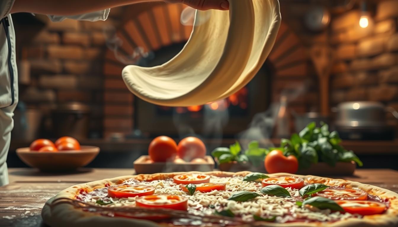 A beautifully lit pizza-making scene set in a rustic kitchen. In the foreground, a chef's hands expertly tossing and stretching dough, the motion frozen in time. In the middle ground, an array of fresh, vibrant toppings - sliced tomatoes, fragrant basil leaves, shredded mozzarella - waiting to be artfully arranged. The background features a warm, cozy atmosphere with exposed brick walls, a vintage oven, and a hint of steam rising, creating an inviting, homely ambiance. The overall composition conveys a sense of mastery, creativity, and the joy of the pizza-making process.