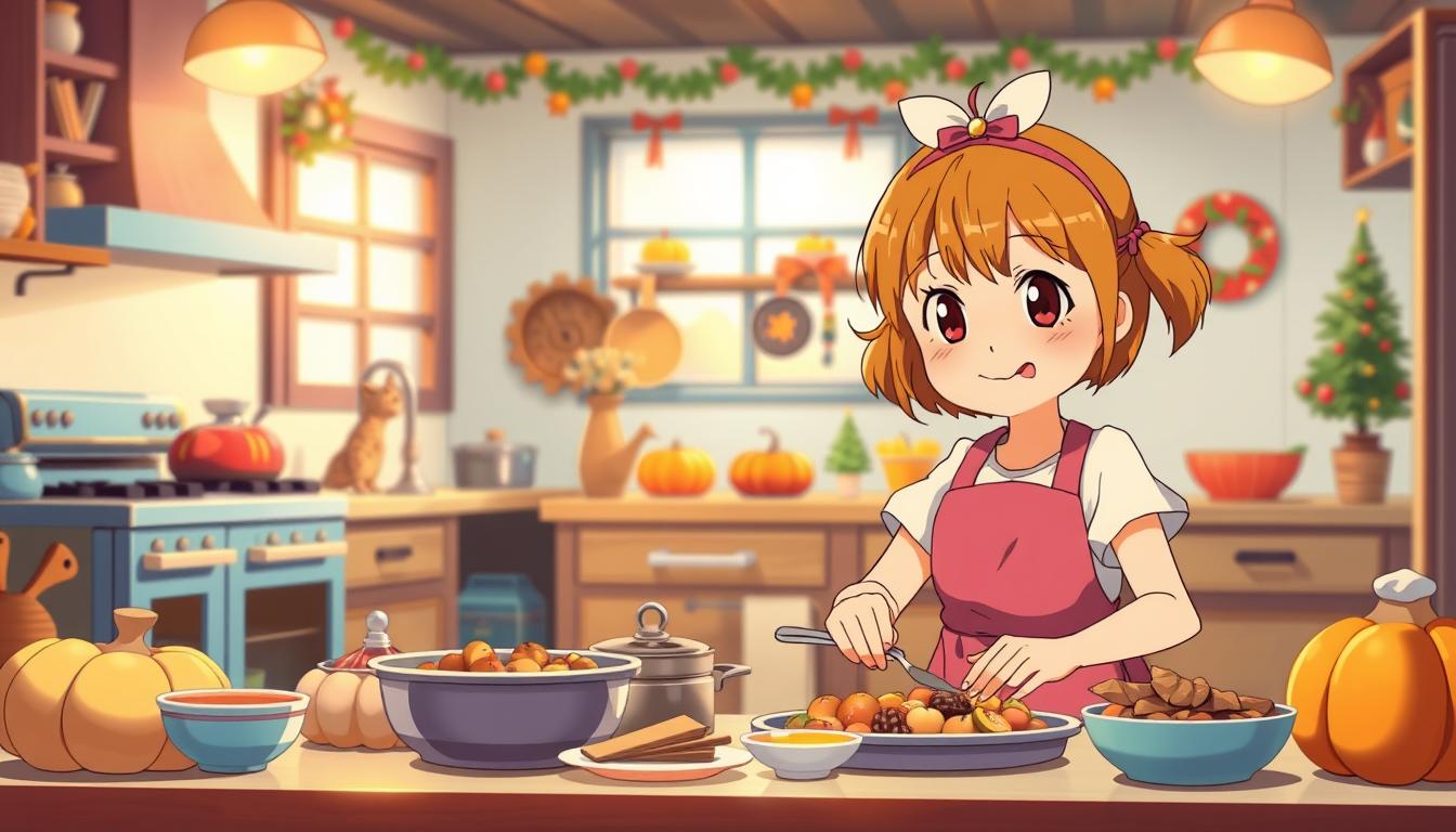 A charming Thanksgiving-themed cooking playset featuring a young girl named Taylor, depicted with a warm, cozy aesthetic. The foreground showcases Taylor, dressed in an apron, enthusiastically preparing a festive meal, surrounded by various kitchen tools and ingredients. The middle ground features a well-equipped miniature kitchen, with details like pots, pans, and a stove, all in a vibrant, colorful palette. The background depicts a homely, inviting kitchen setting, with soft lighting, wooden accents, and holiday decorations, creating a festive and family-oriented atmosphere. The overall scene conveys a sense of joy, learning, and the cherished tradition of preparing a Thanksgiving feast together.