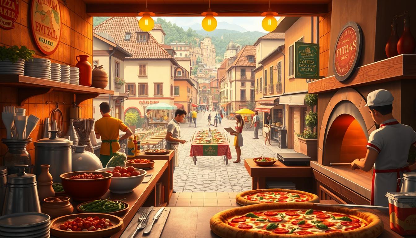 A detailed scene of the Pizza Maker 2 video game world. In the foreground, a vibrant pizza-making station with various toppings, utensils, and a wood-fired oven. The middle ground showcases a bustling kitchen with chefs in uniform, preparing an array of Italian dishes. The background reveals a lively town square, with colorful buildings, cobblestone streets, and people strolling about. Warm, golden lighting illuminates the scene, creating a cozy, authentic atmosphere. The composition emphasizes the craft and artistry of pizza-making, capturing the essence of the game's culinary focus. A cinematic, high-quality 3D rendering with attention to detail and a sense of depth and immersion.